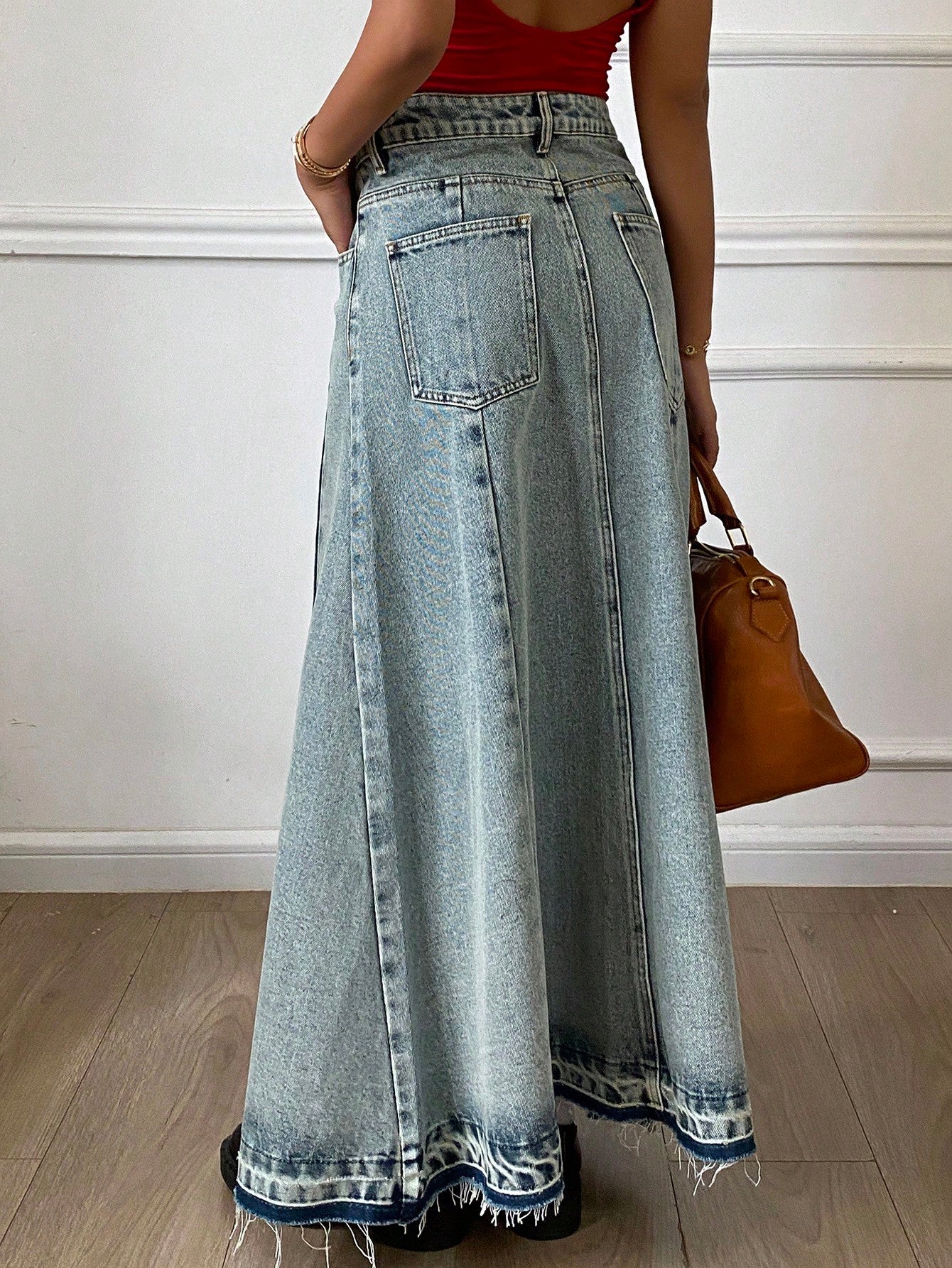 CM-BS611313 Women Casual Seoul Style Light Wash Mid Waist Maxi A-Line Denim Skirt