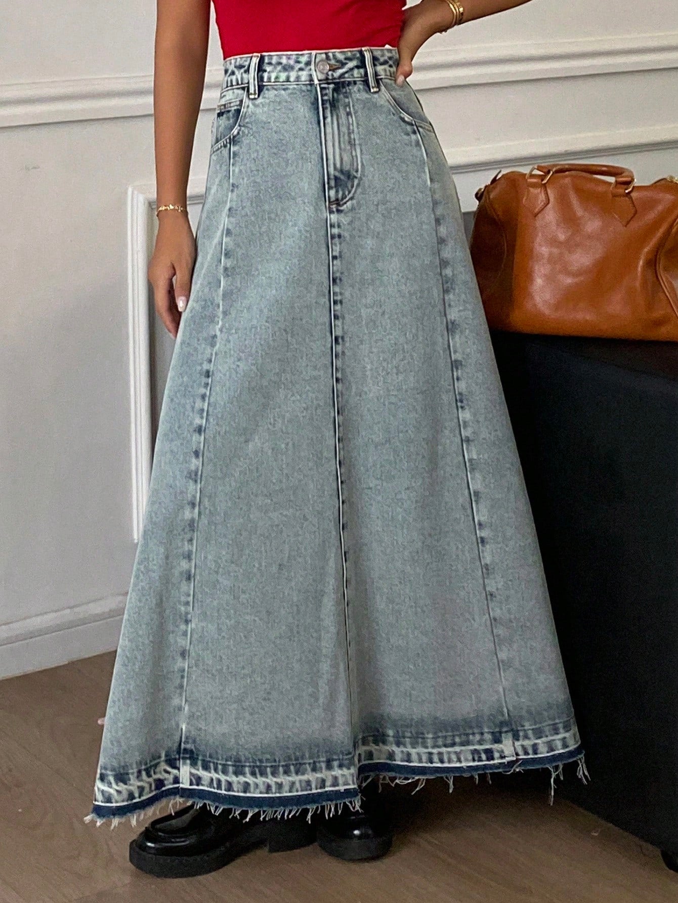 CM-BS611313 Women Casual Seoul Style Light Wash Mid Waist Maxi A-Line Denim Skirt