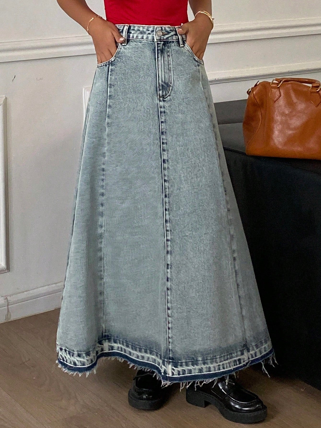 CM-BS611313 Women Casual Seoul Style Light Wash Mid Waist Maxi A-Line Denim Skirt