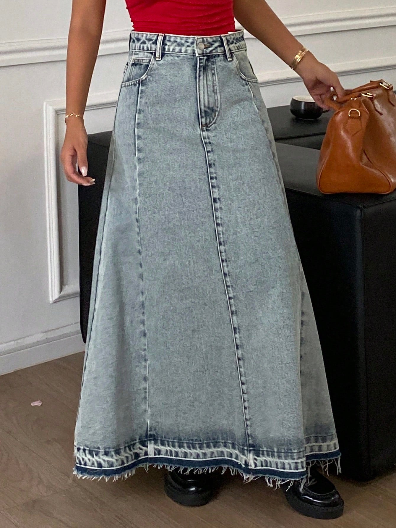 CM-BS611313 Women Casual Seoul Style Light Wash Mid Waist Maxi A-Line Denim Skirt