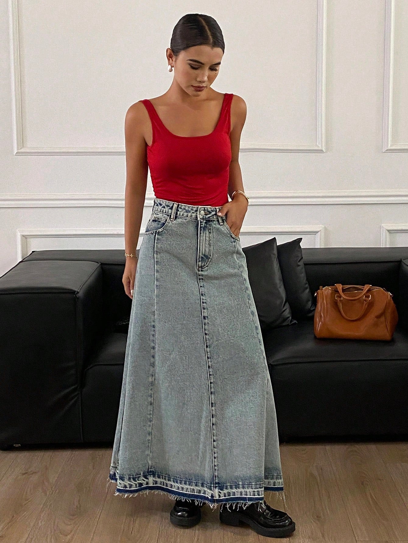 CM-BS611313 Women Casual Seoul Style Light Wash Mid Waist Maxi A-Line Denim Skirt