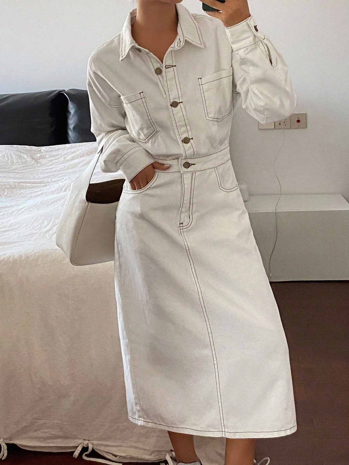 CM-DS176122 Women Casual Seoul Style Turndown Collar Long Sleeve Denim Dress - White
