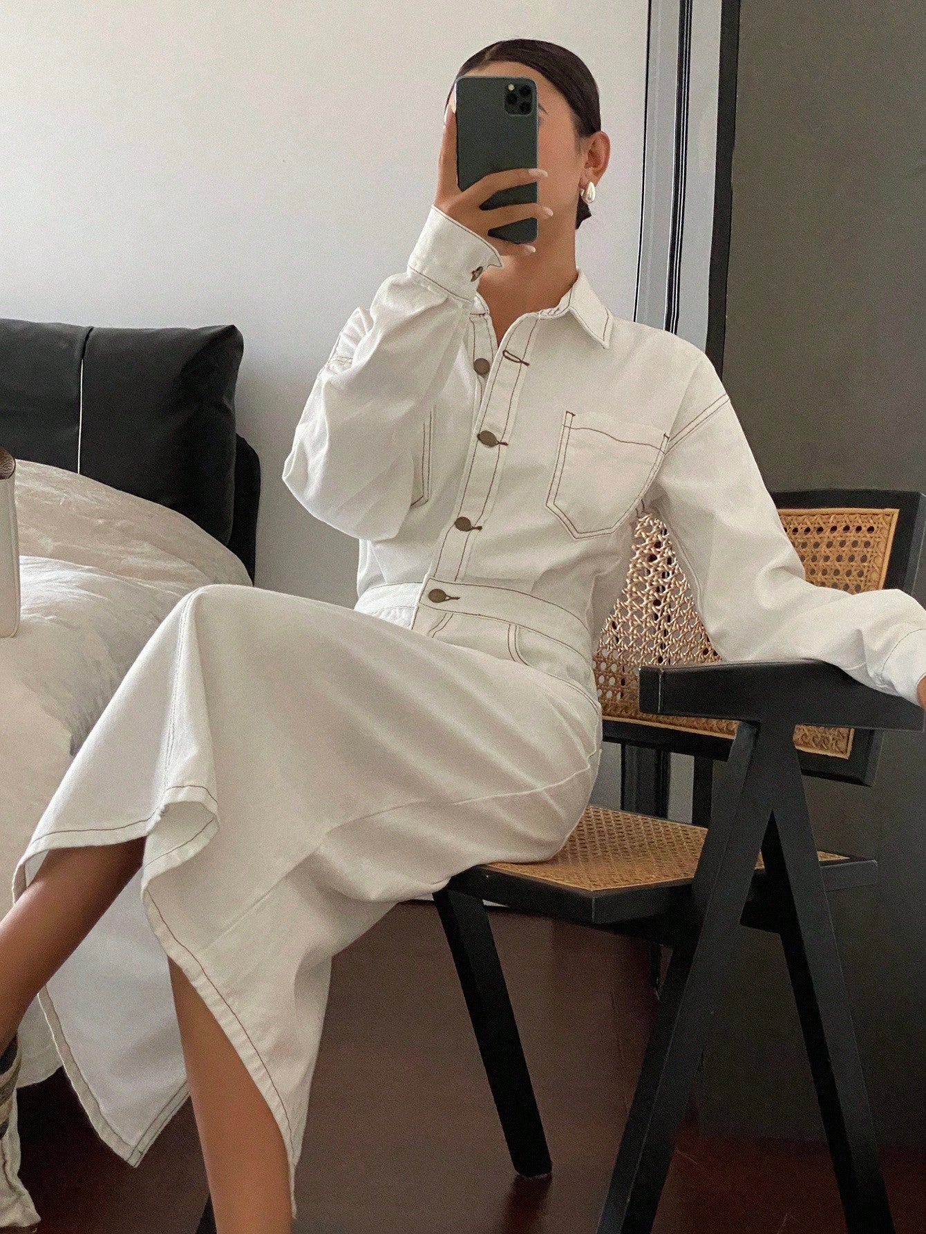 CM-DS176122 Women Casual Seoul Style Turndown Collar Long Sleeve Denim Dress - White