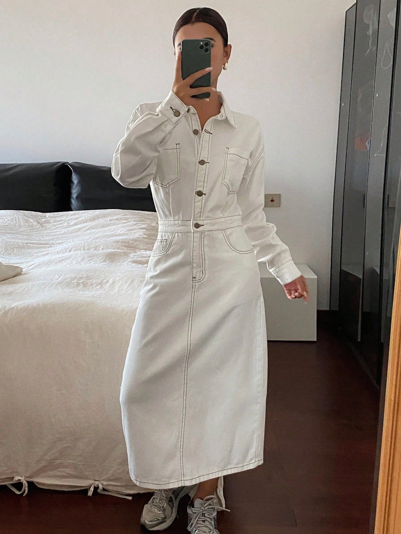 CM-DS176122 Women Casual Seoul Style Turndown Collar Long Sleeve Denim Dress - White