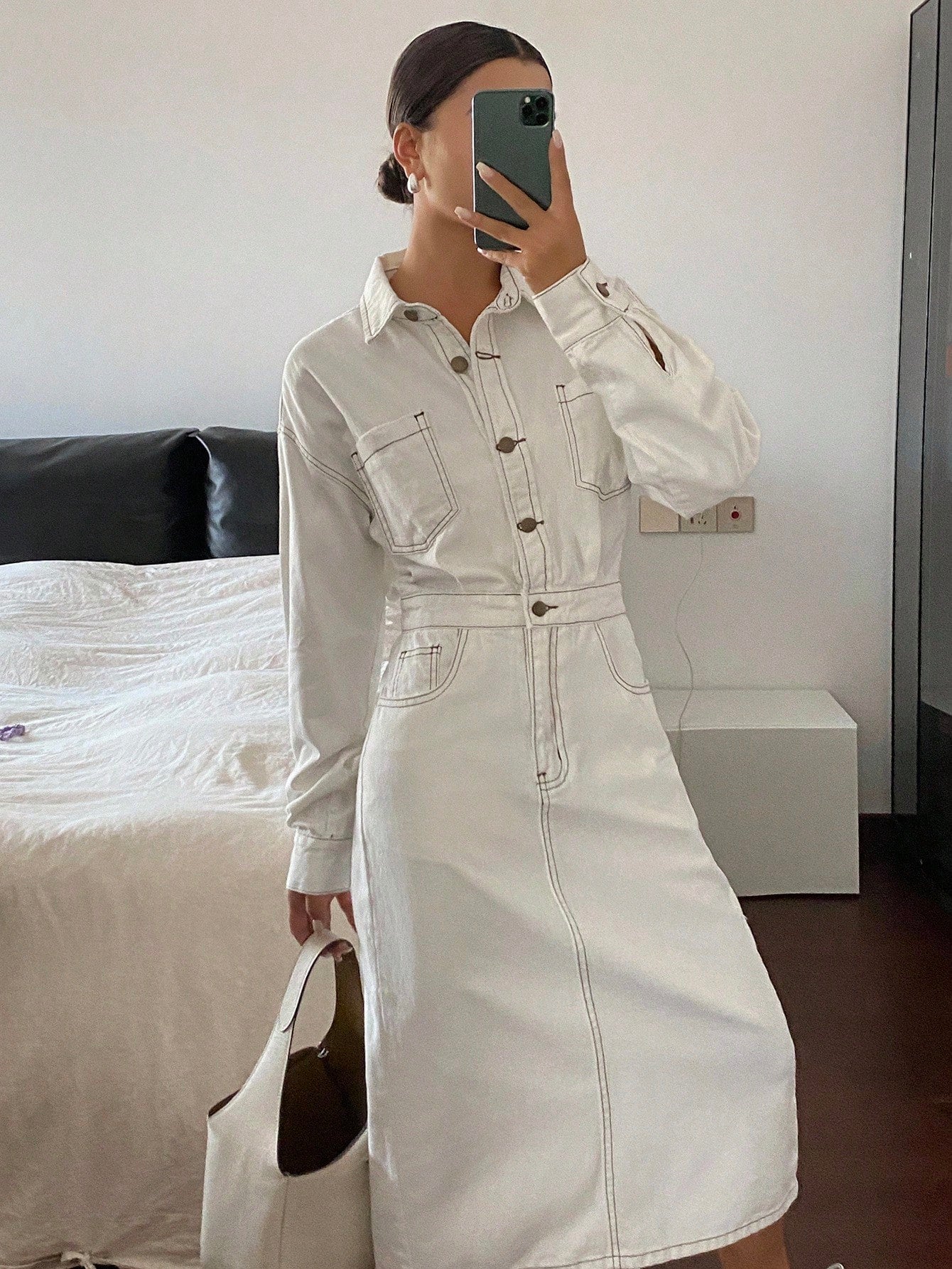 CM-DS176122 Women Casual Seoul Style Turndown Collar Long Sleeve Denim Dress - White