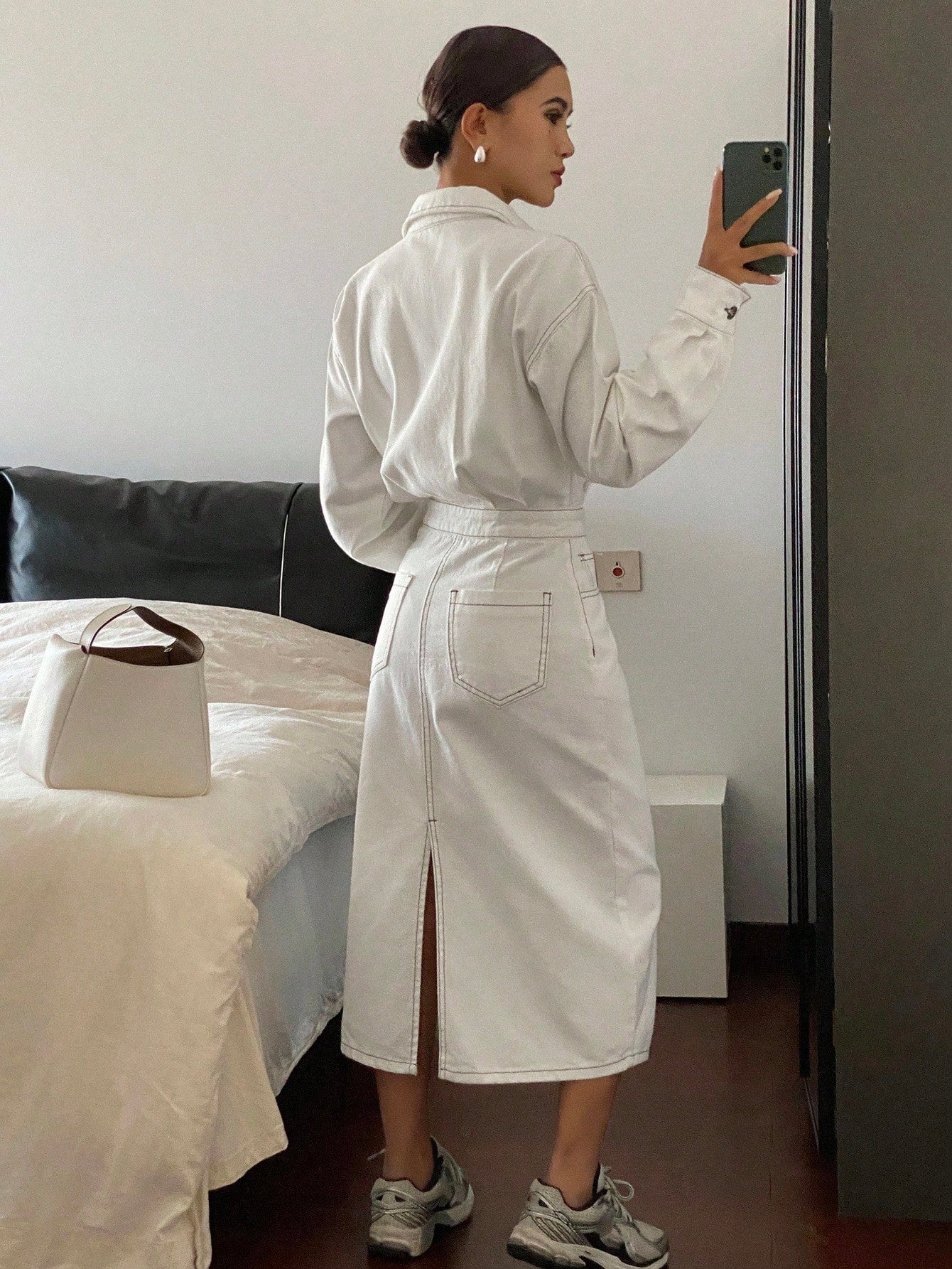 CM-DS176122 Women Casual Seoul Style Turndown Collar Long Sleeve Denim Dress - White