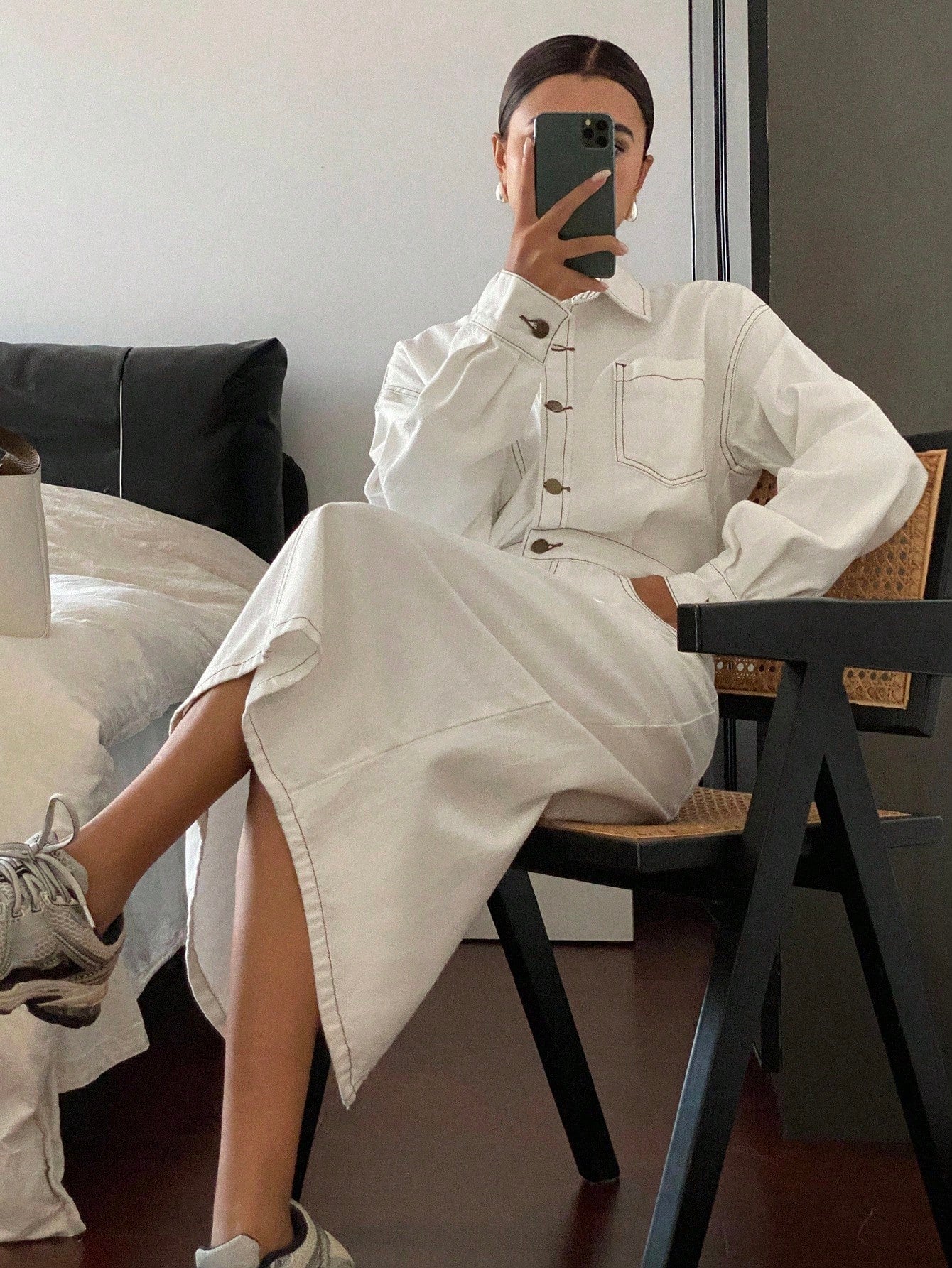 CM-DS176122 Women Casual Seoul Style Turndown Collar Long Sleeve Denim Dress - White