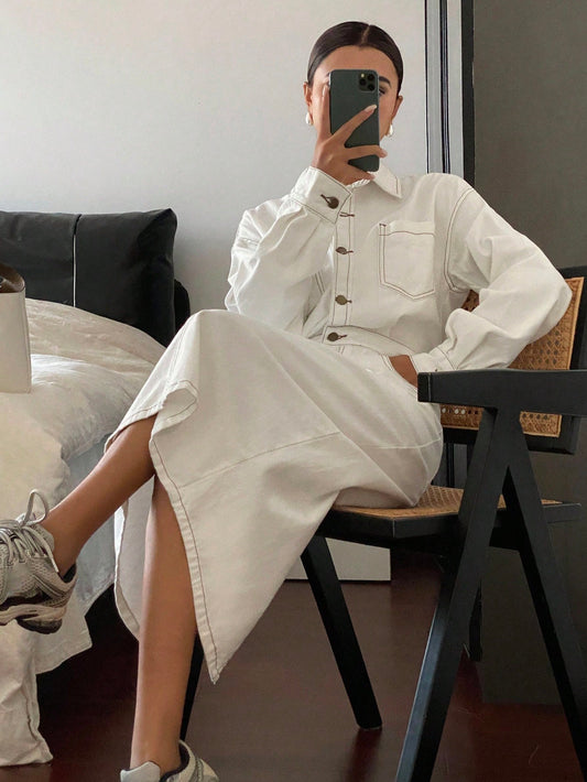 CM-DS176122 Women Casual Seoul Style Turndown Collar Long Sleeve Denim Dress - White