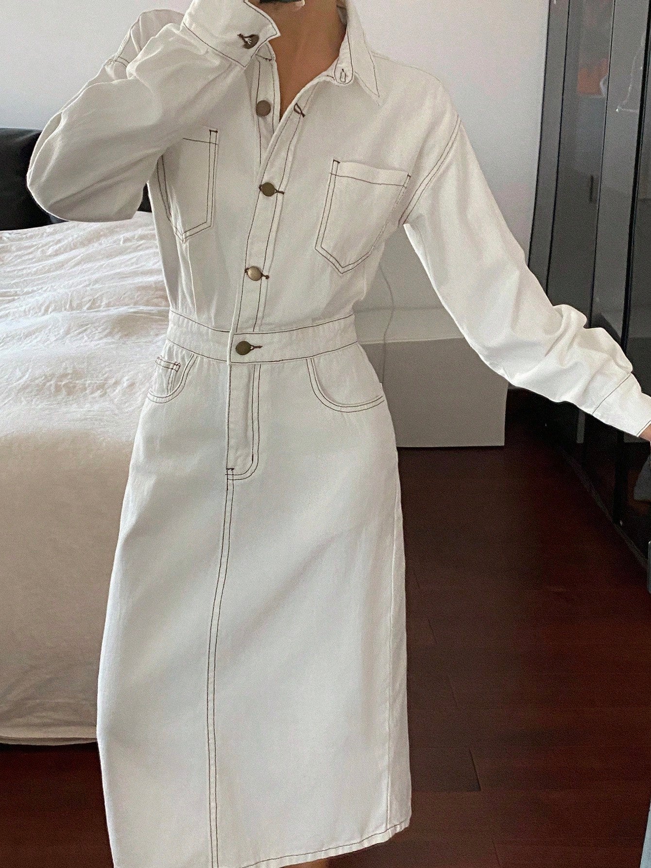 CM-DS176122 Women Casual Seoul Style Turndown Collar Long Sleeve Denim Dress - White