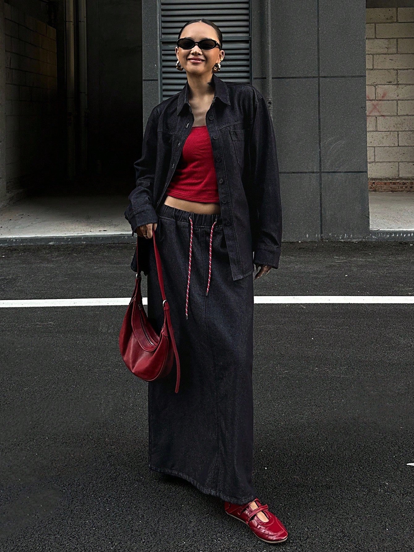 CM-SS484684 Women Casual Seoul Style Collar Neckline Long Sleeve Loose Top With Denim Skirt - Set
