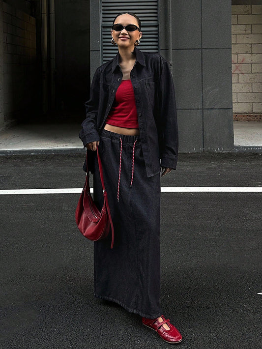 CM-SS484684 Women Casual Seoul Style Collar Neckline Long Sleeve Loose Top With Denim Skirt - Set