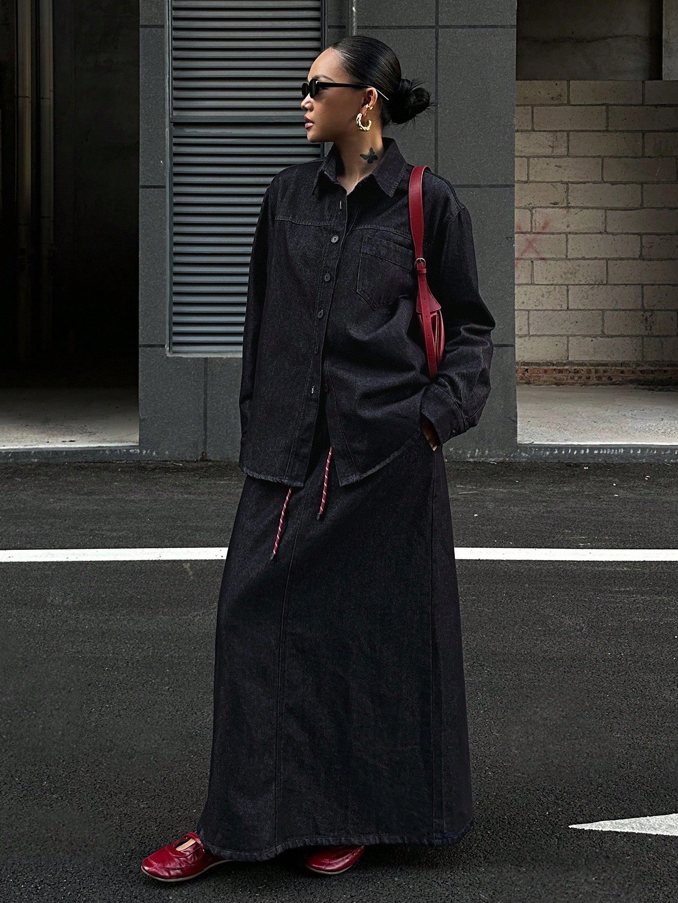 CM-SS484684 Women Casual Seoul Style Collar Neckline Long Sleeve Loose Top With Denim Skirt - Set