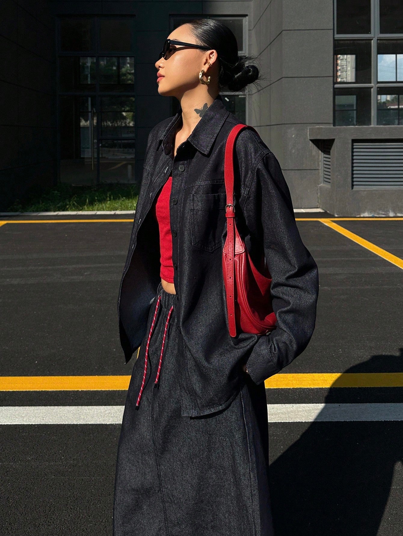CM-SS484684 Women Casual Seoul Style Collar Neckline Long Sleeve Loose Top With Denim Skirt - Set