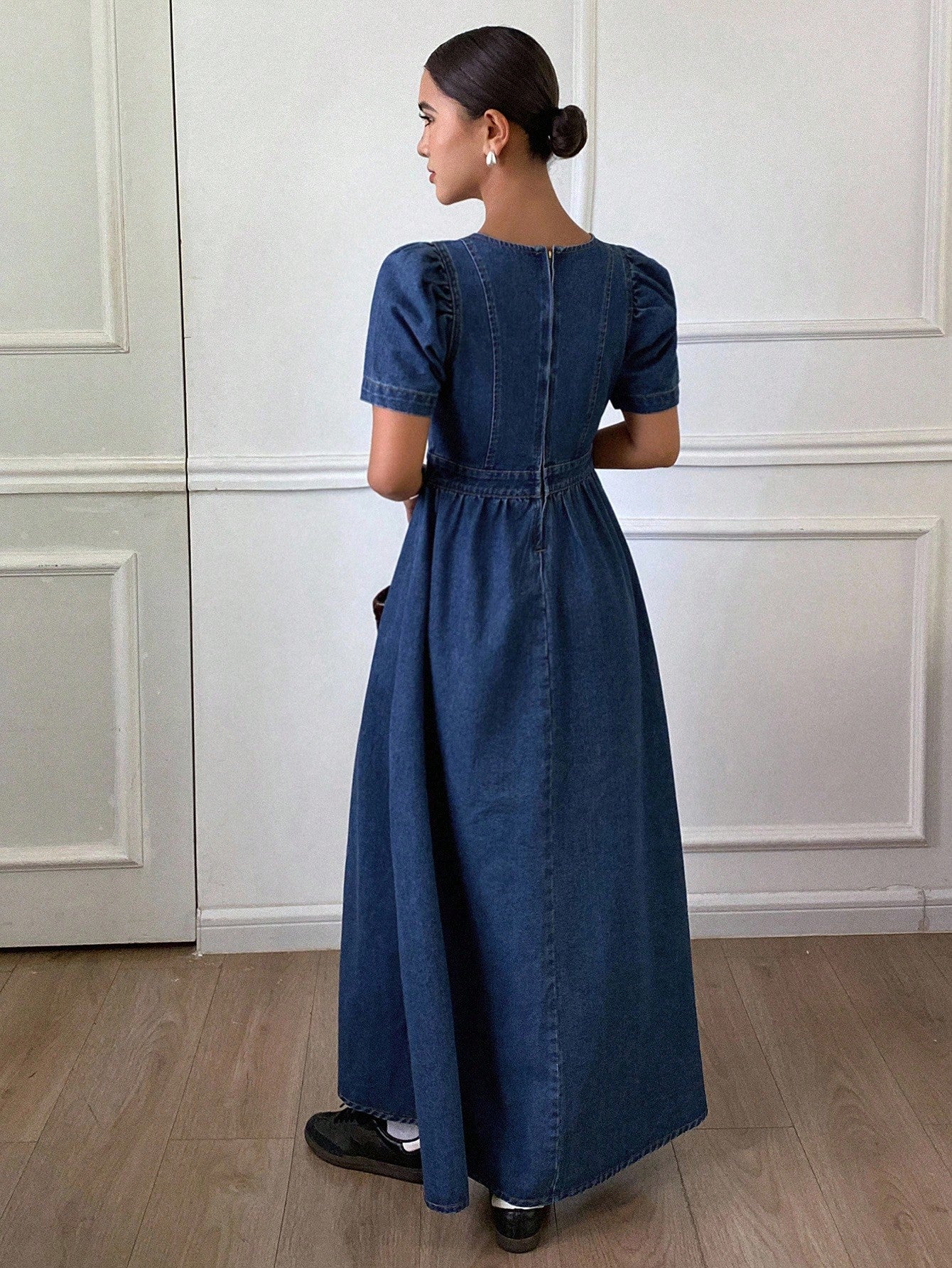 CM-DS643574 Women Casual Seoul Style Solid Color Square Neck Puff Sleeve Pleated Denim Dress - Blue