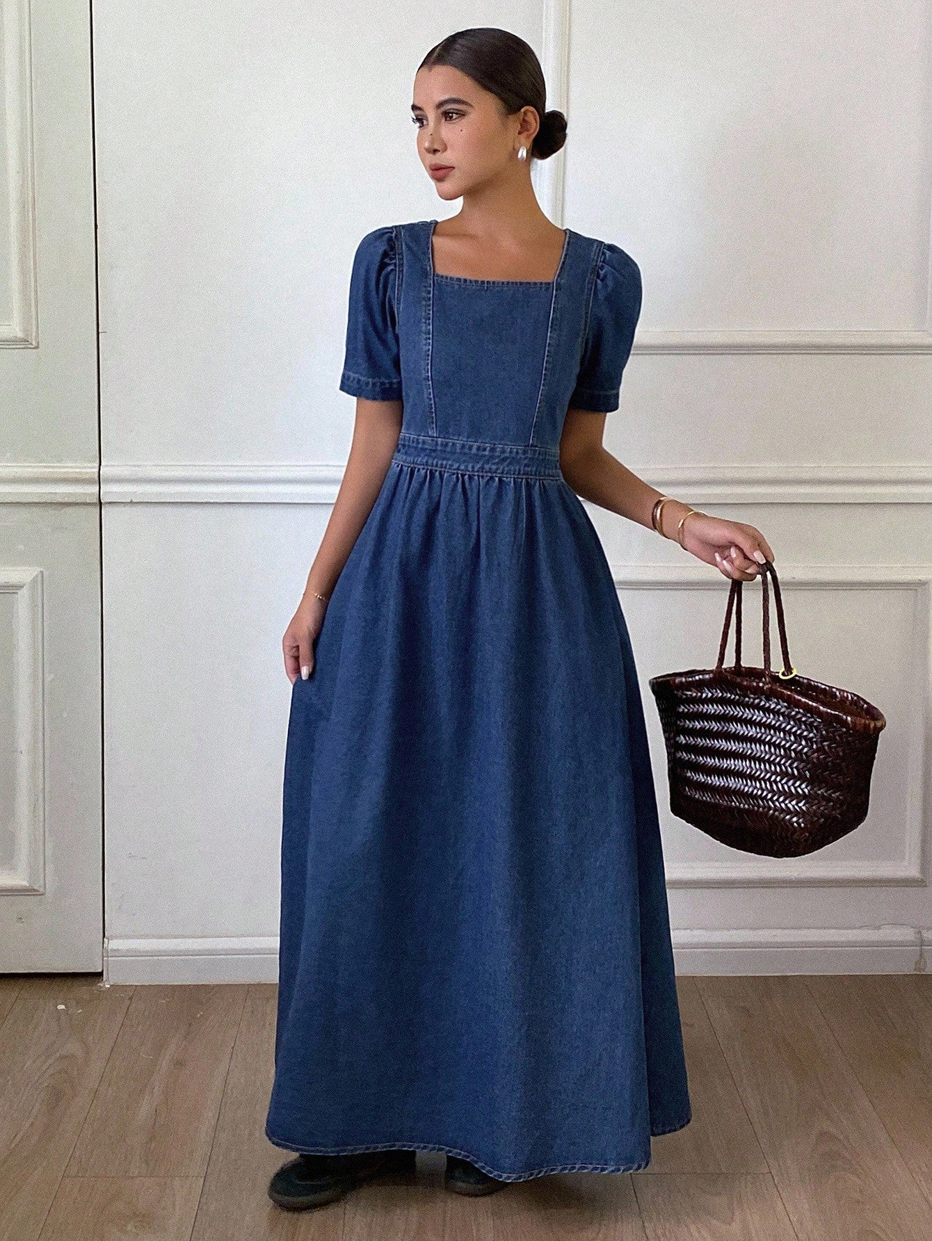 CM-DS643574 Women Casual Seoul Style Solid Color Square Neck Puff Sleeve Pleated Denim Dress - Blue