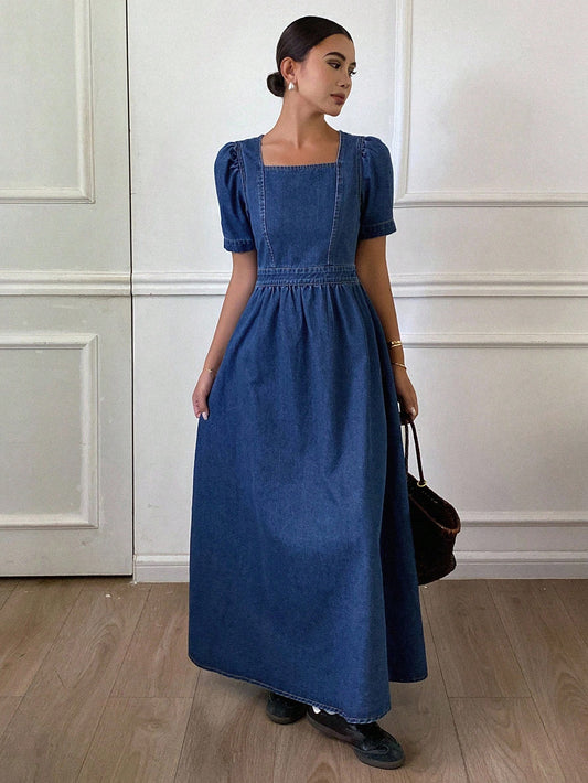 CM-DS643574 Women Casual Seoul Style Solid Color Square Neck Puff Sleeve Pleated Denim Dress - Blue