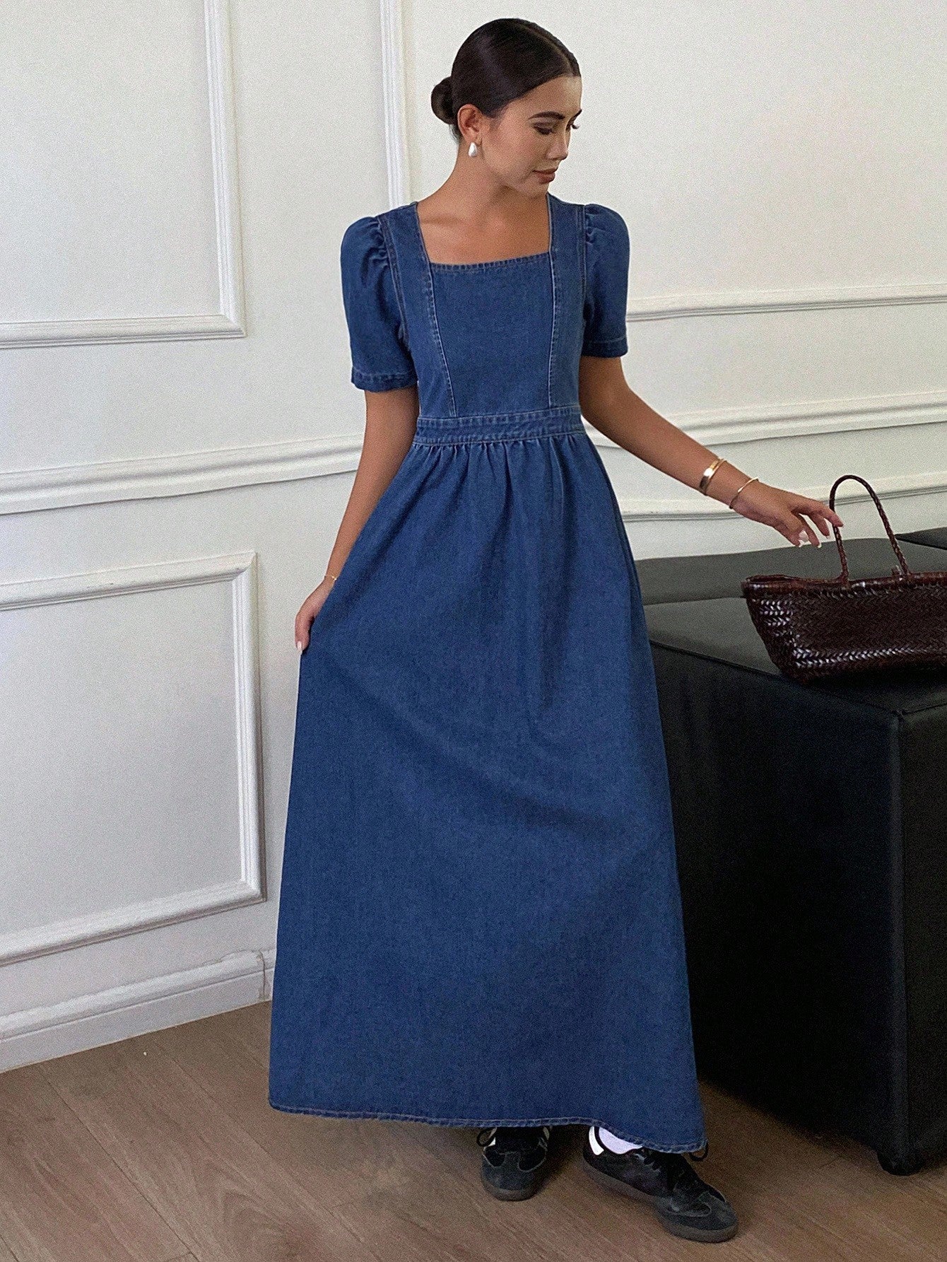 CM-DS643574 Women Casual Seoul Style Solid Color Square Neck Puff Sleeve Pleated Denim Dress - Blue