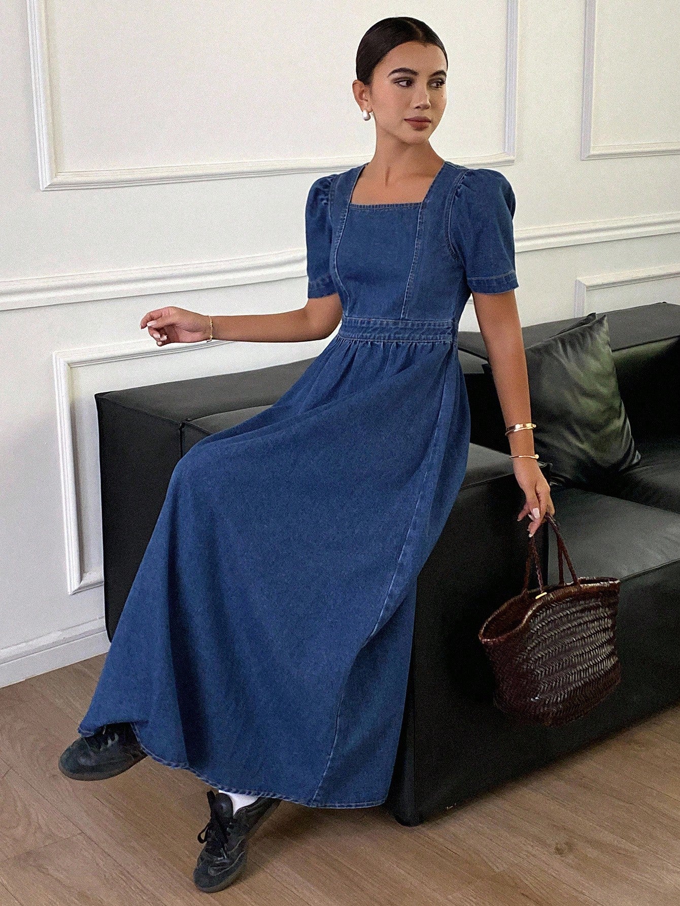 CM-DS643574 Women Casual Seoul Style Solid Color Square Neck Puff Sleeve Pleated Denim Dress - Blue