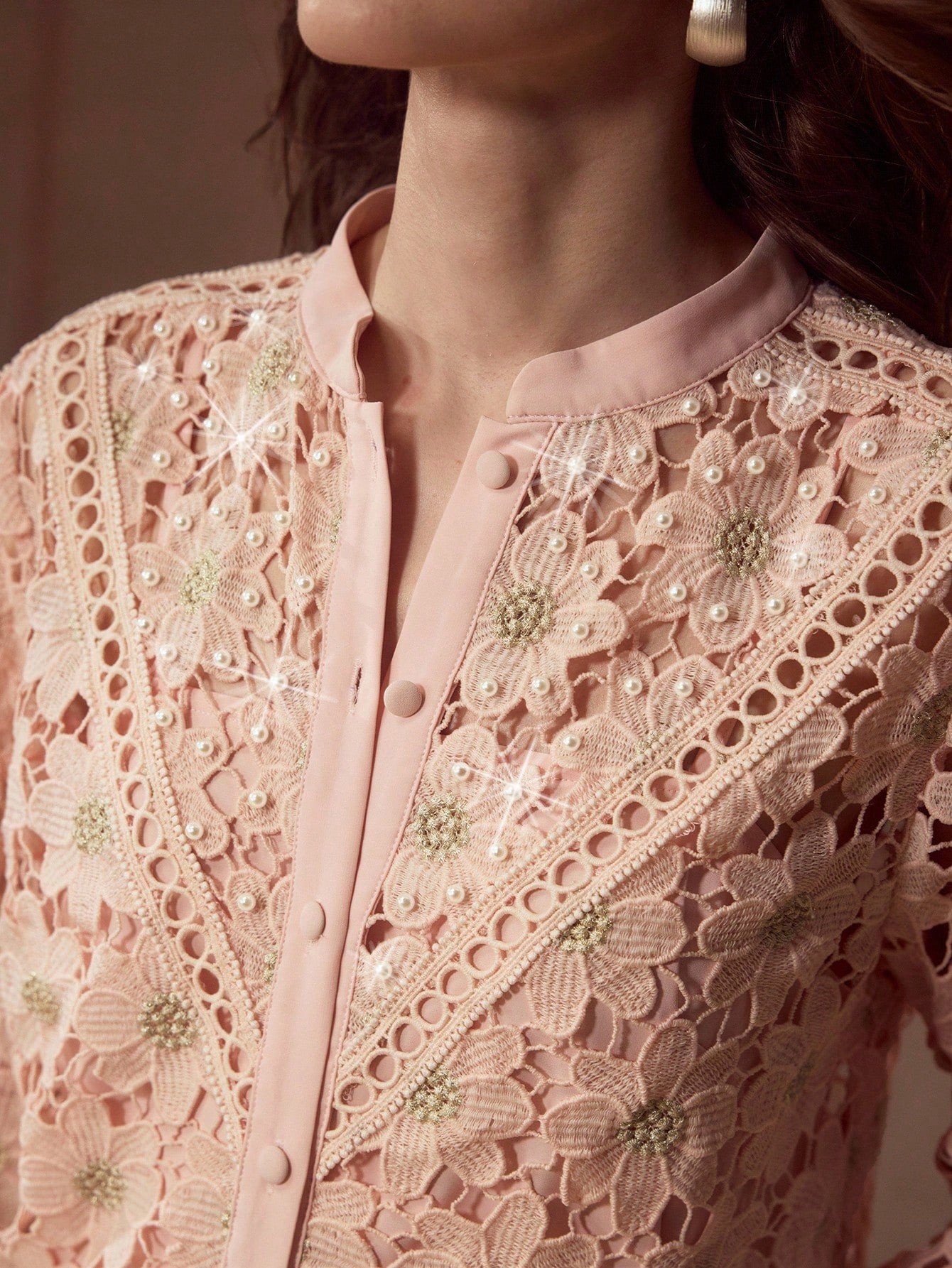 CM-TS060013 Women Elegant Seoul Style Stand Collar Long Sleeve Embroidery Faux Pearl Decor Blouse - Pink