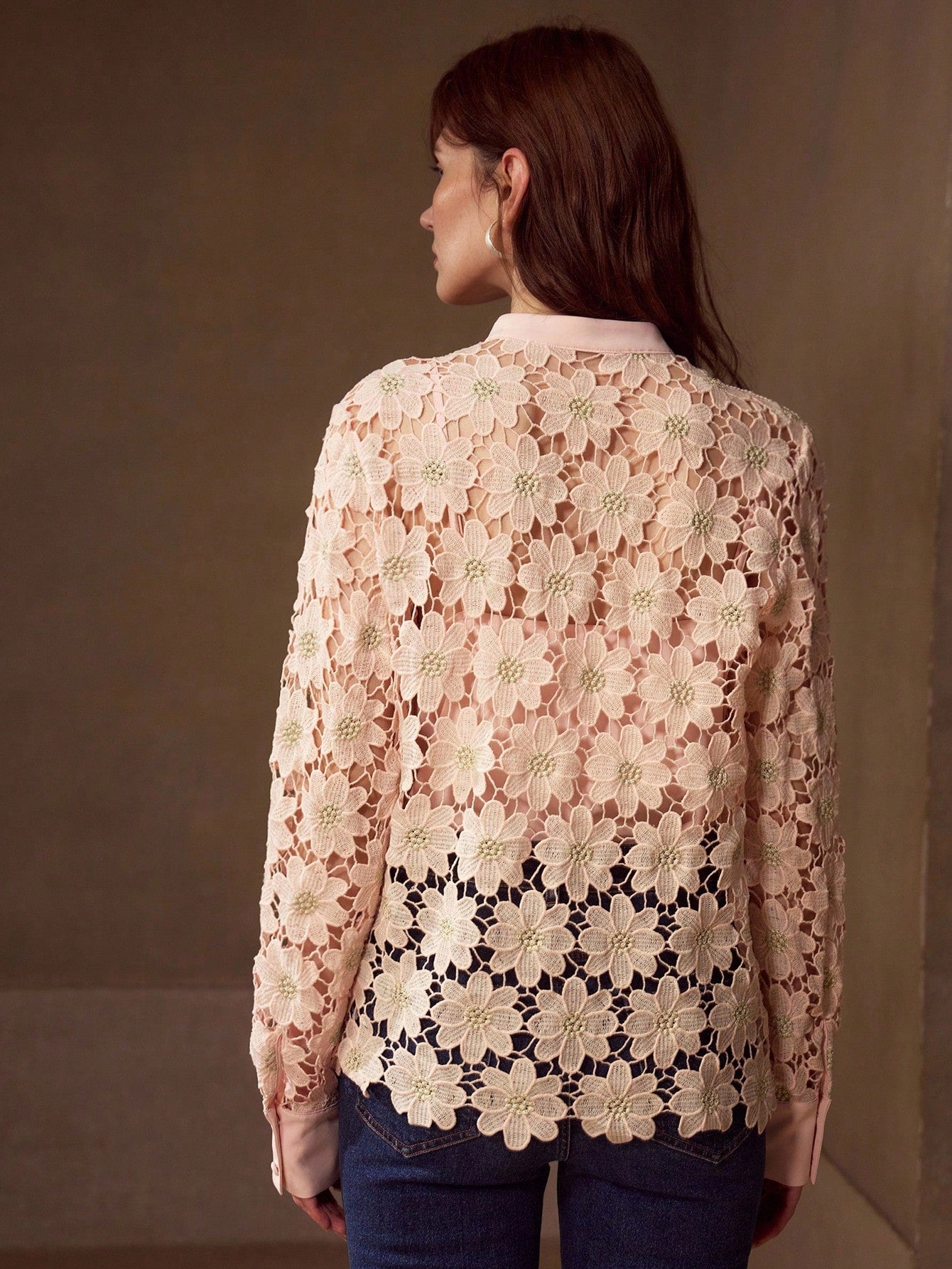 CM-TS060013 Women Elegant Seoul Style Stand Collar Long Sleeve Embroidery Faux Pearl Decor Blouse - Pink