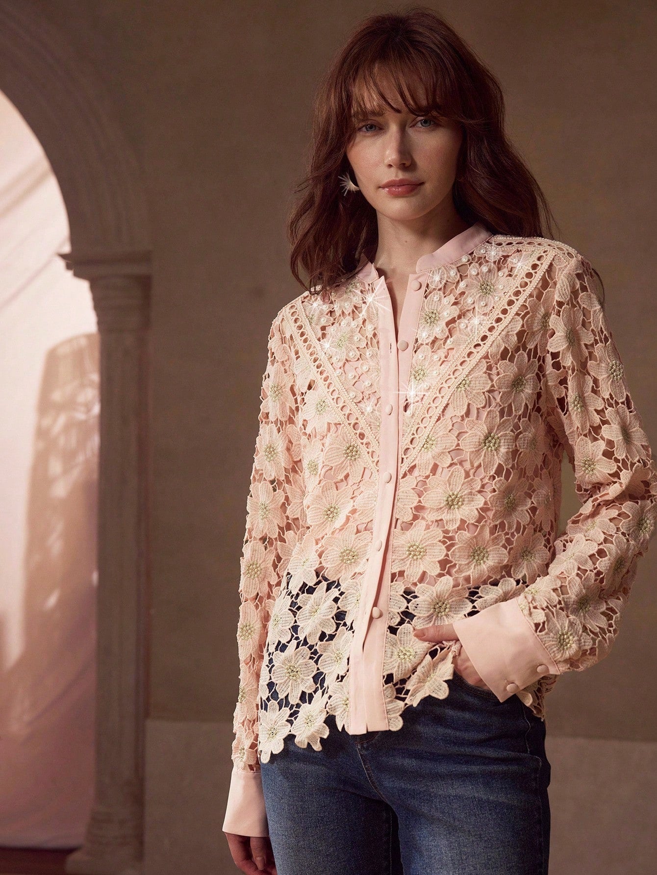 CM-TS060013 Women Elegant Seoul Style Stand Collar Long Sleeve Embroidery Faux Pearl Decor Blouse - Pink