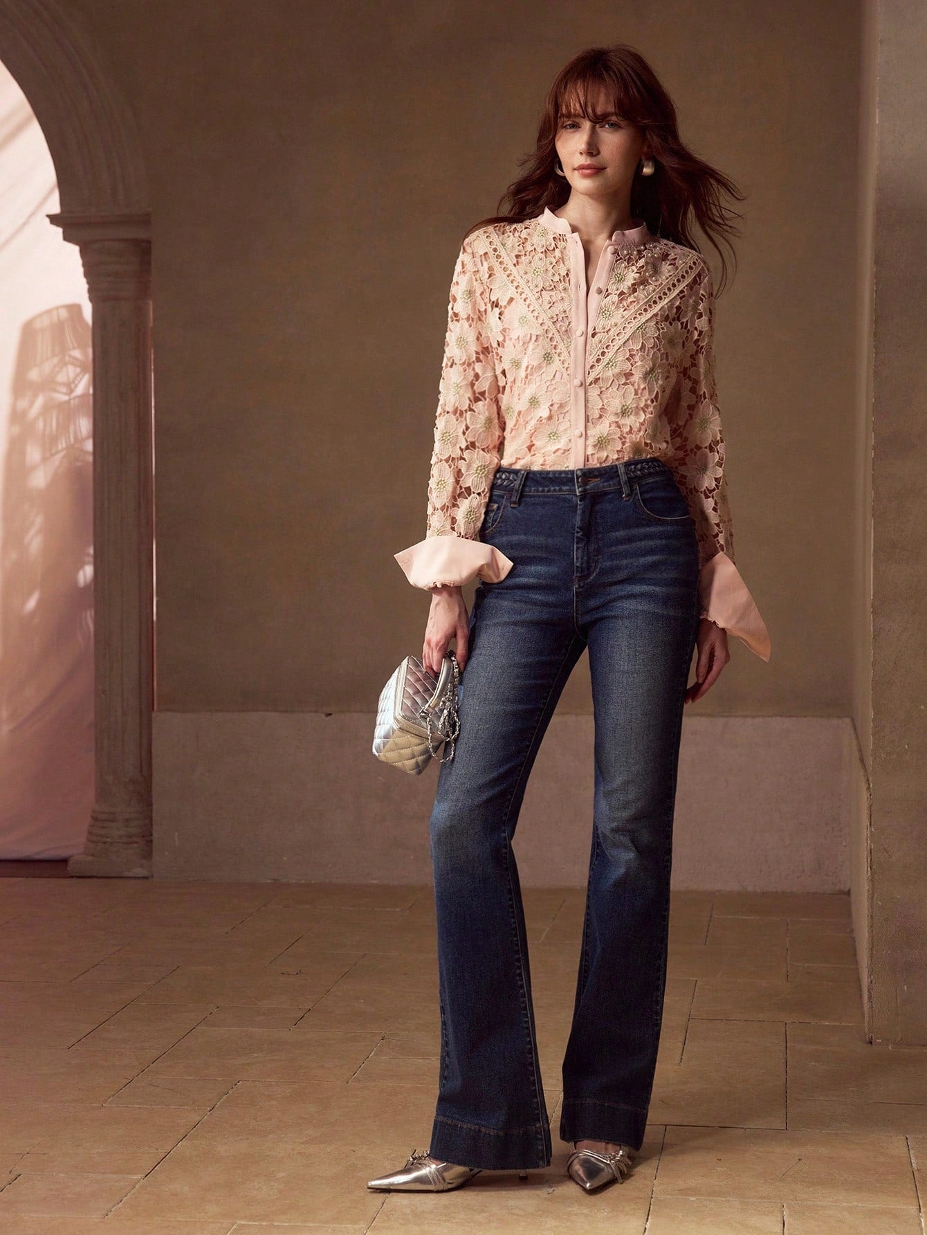 CM-TS060013 Women Elegant Seoul Style Stand Collar Long Sleeve Embroidery Faux Pearl Decor Blouse - Pink