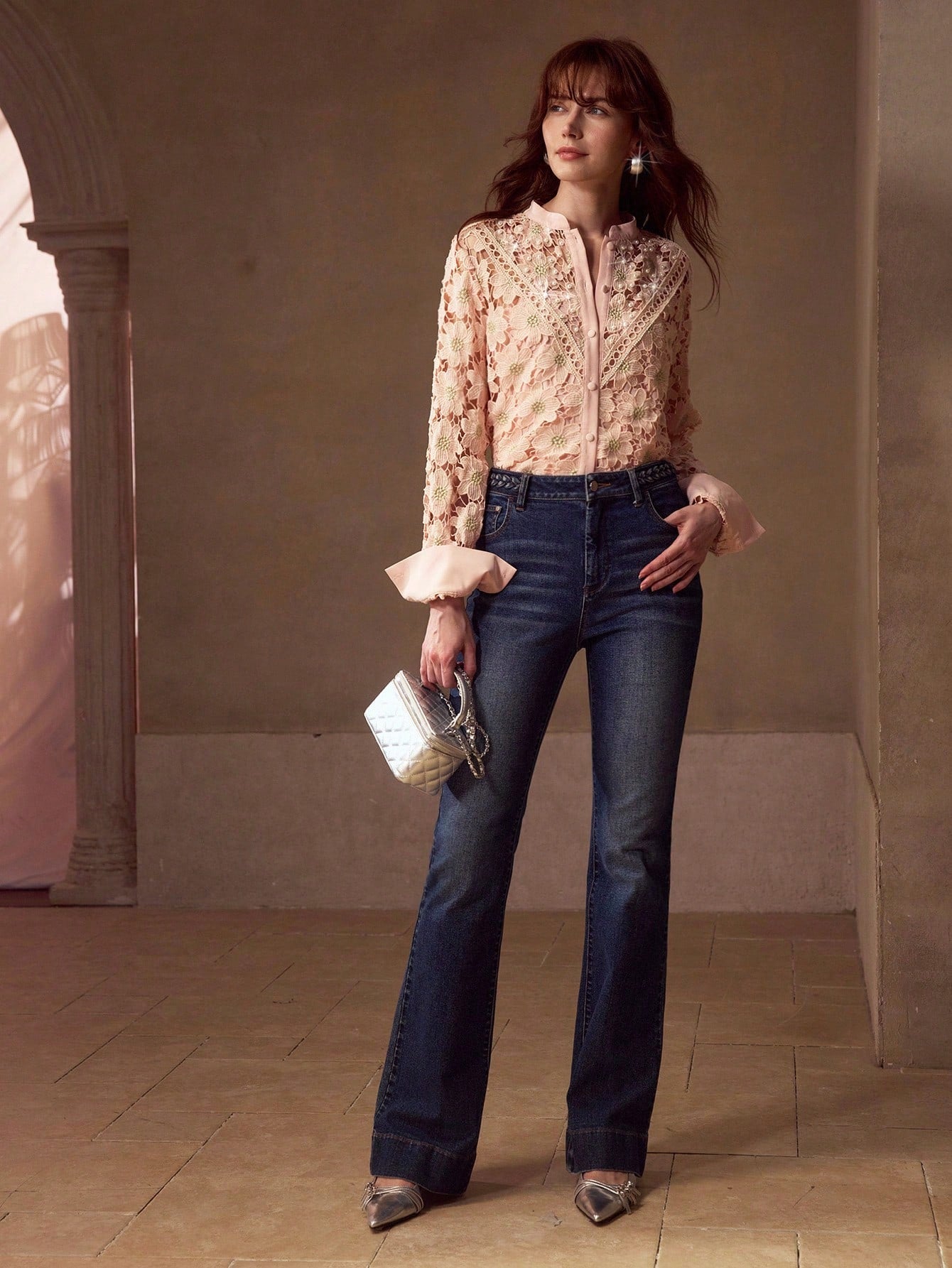 CM-TS060013 Women Elegant Seoul Style Stand Collar Long Sleeve Embroidery Faux Pearl Decor Blouse - Pink