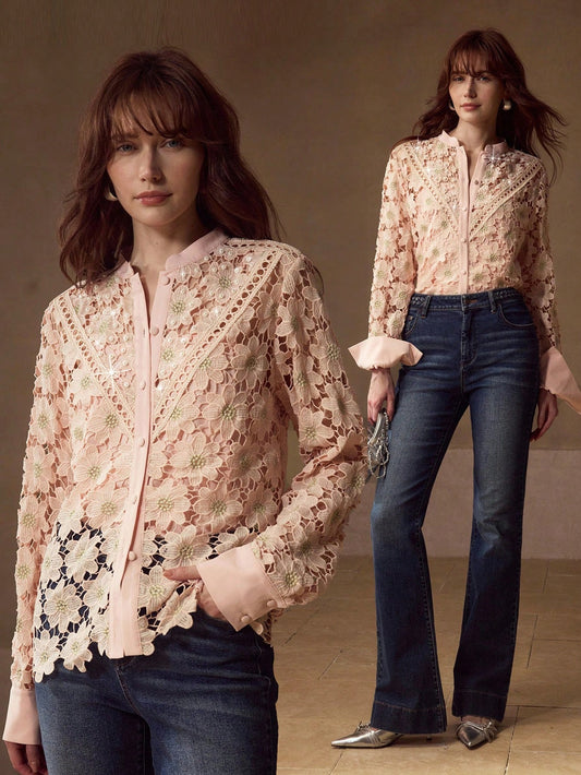 CM-TS060013 Women Elegant Seoul Style Stand Collar Long Sleeve Embroidery Faux Pearl Decor Blouse - Pink