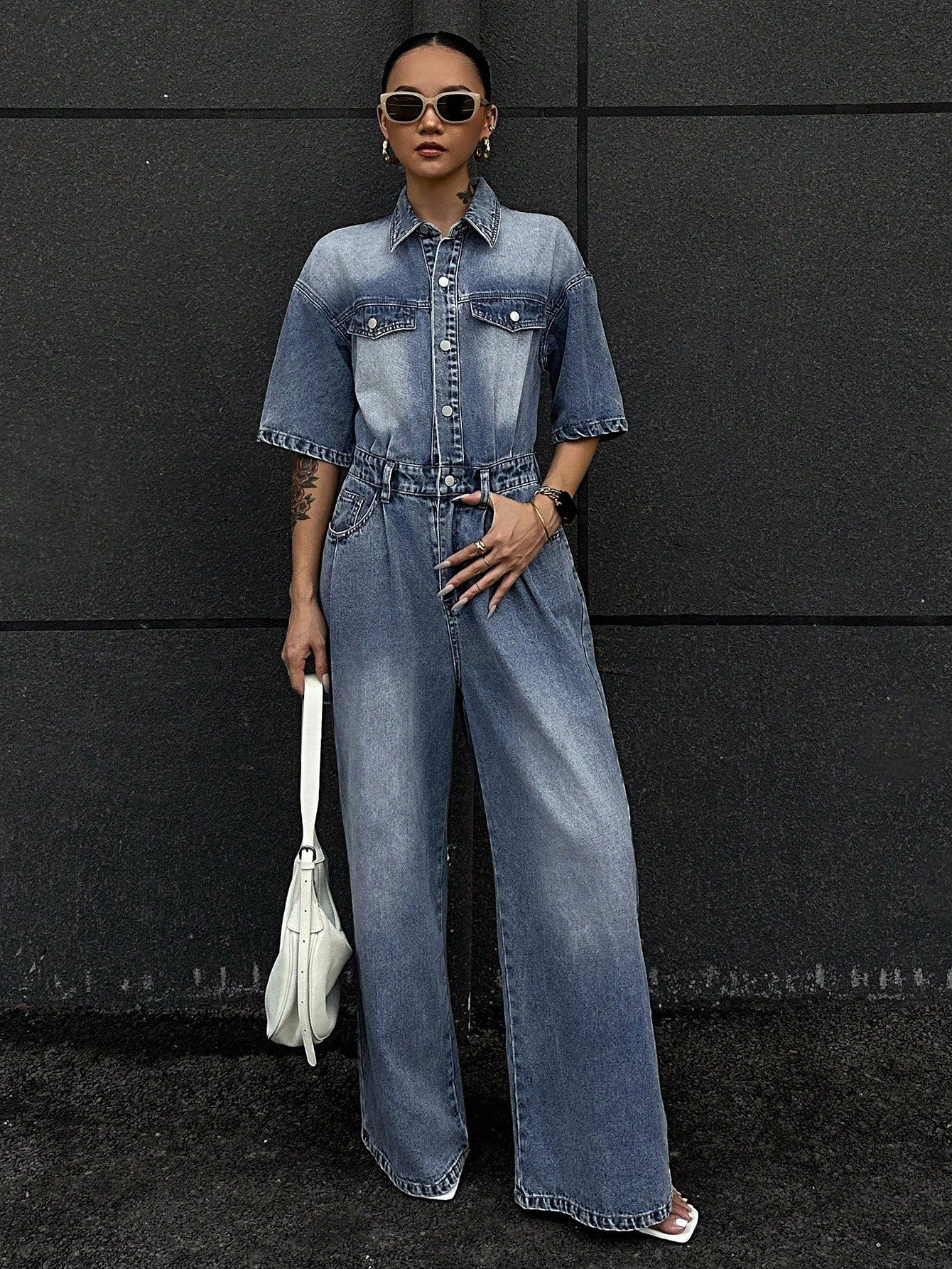 CM-JS053888 Women Casual Seoul Style Light Wash Collar Neckline Short Sleeve High Waist Loose Denim Jumpsuit