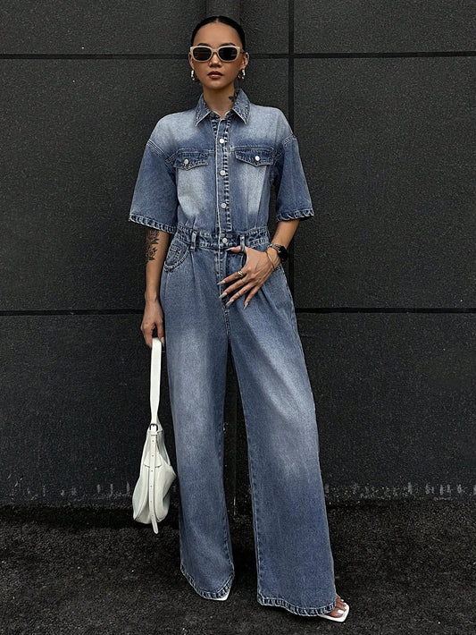 CM-JS053888 Women Casual Seoul Style Light Wash Collar Neckline Short Sleeve High Waist Loose Denim Jumpsuit