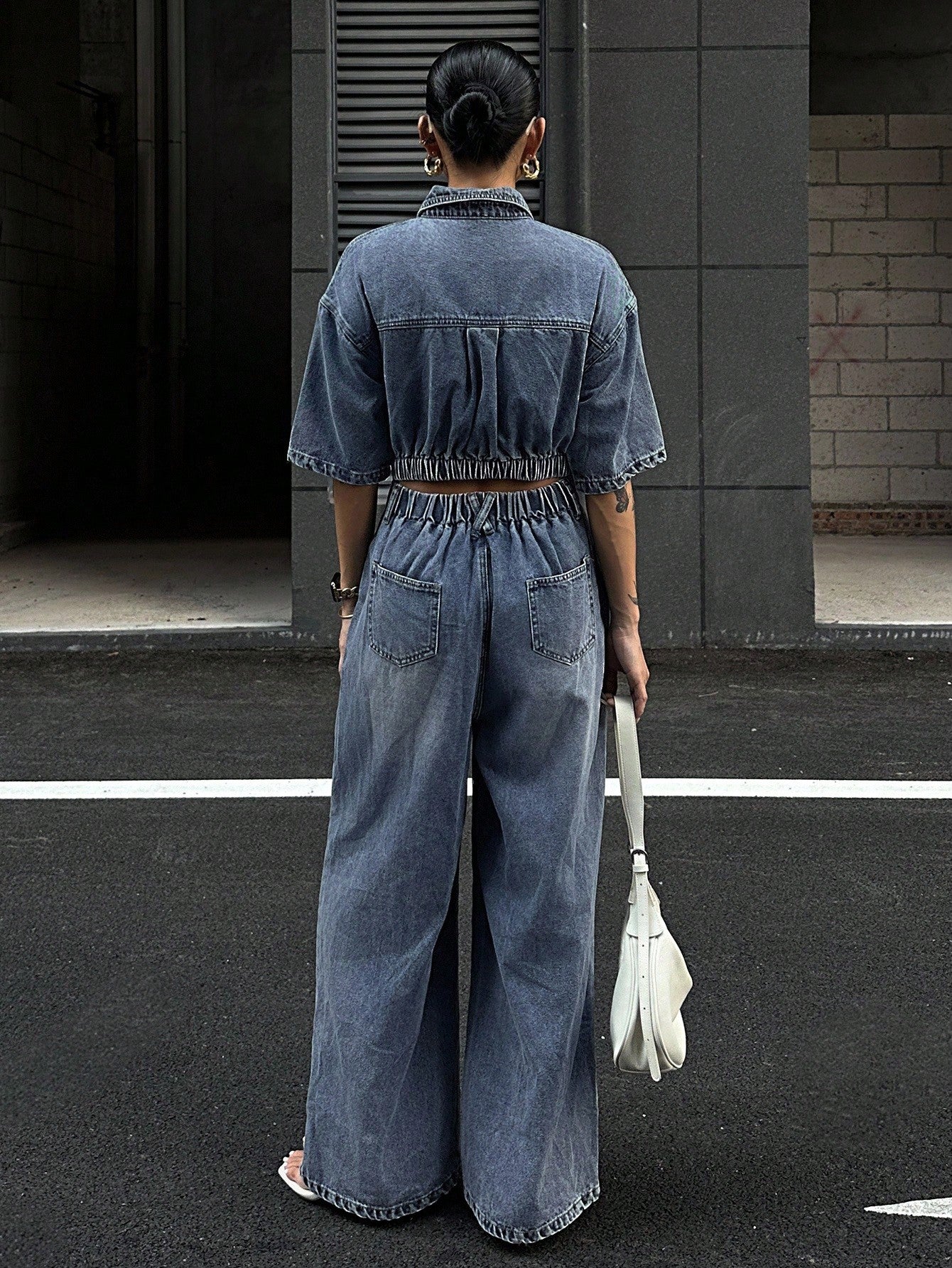 CM-JS053888 Women Casual Seoul Style Light Wash Collar Neckline Short Sleeve High Waist Loose Denim Jumpsuit