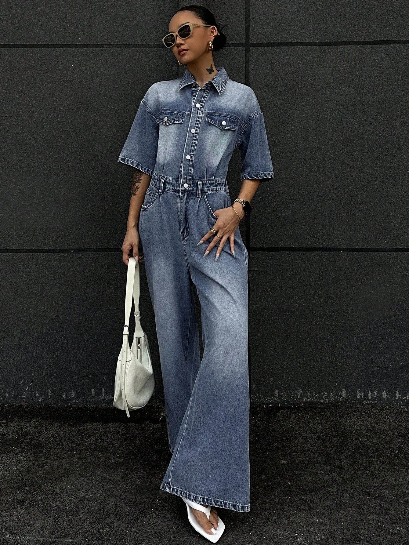 CM-JS053888 Women Casual Seoul Style Light Wash Collar Neckline Short Sleeve High Waist Loose Denim Jumpsuit