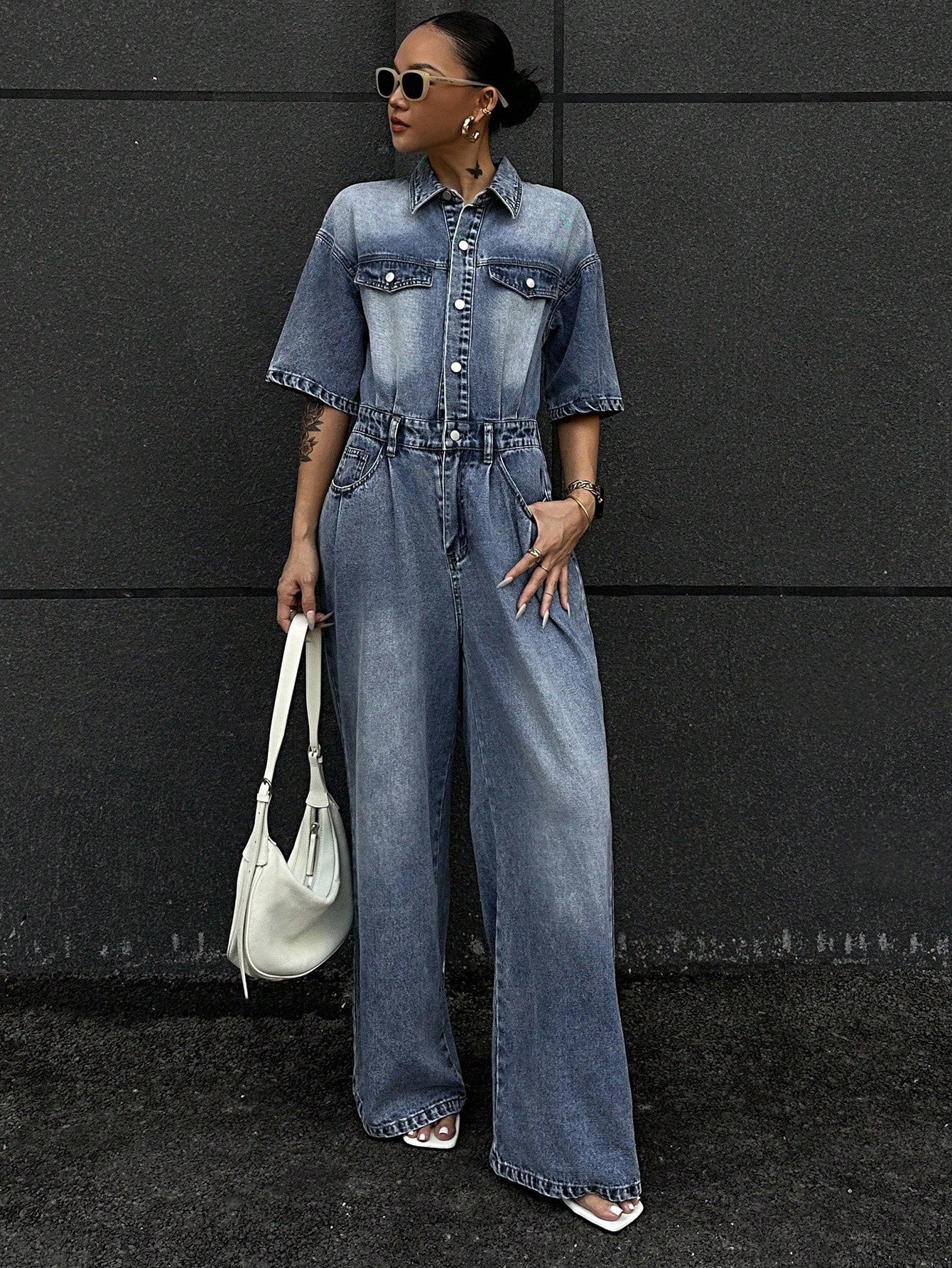 CM-JS053888 Women Casual Seoul Style Light Wash Collar Neckline Short Sleeve High Waist Loose Denim Jumpsuit