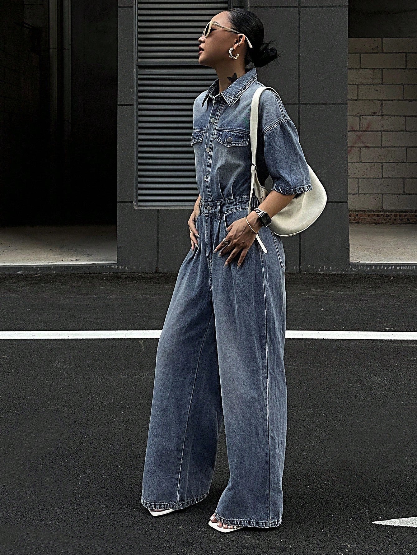 CM-JS053888 Women Casual Seoul Style Light Wash Collar Neckline Short Sleeve High Waist Loose Denim Jumpsuit
