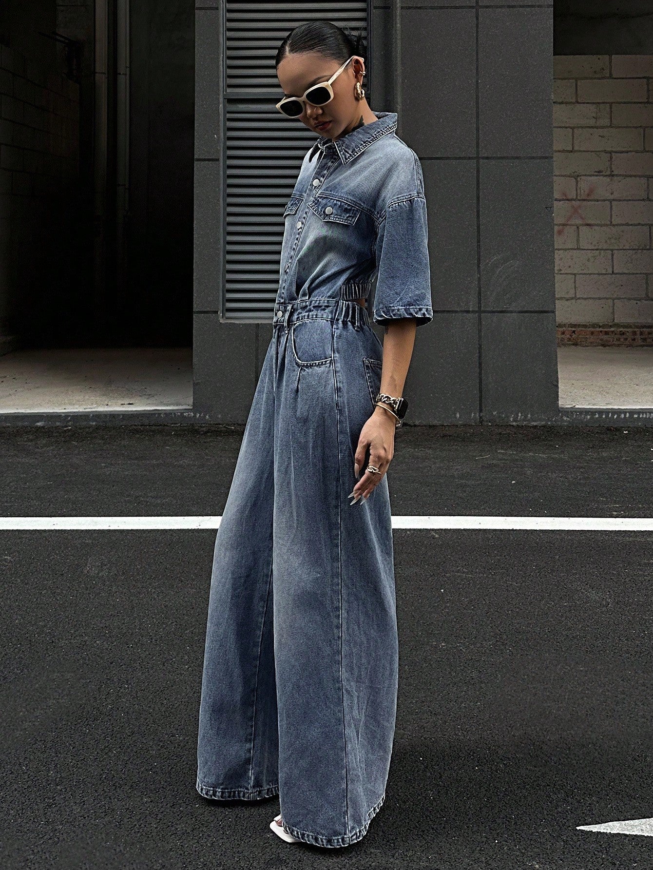 CM-JS053888 Women Casual Seoul Style Light Wash Collar Neckline Short Sleeve High Waist Loose Denim Jumpsuit