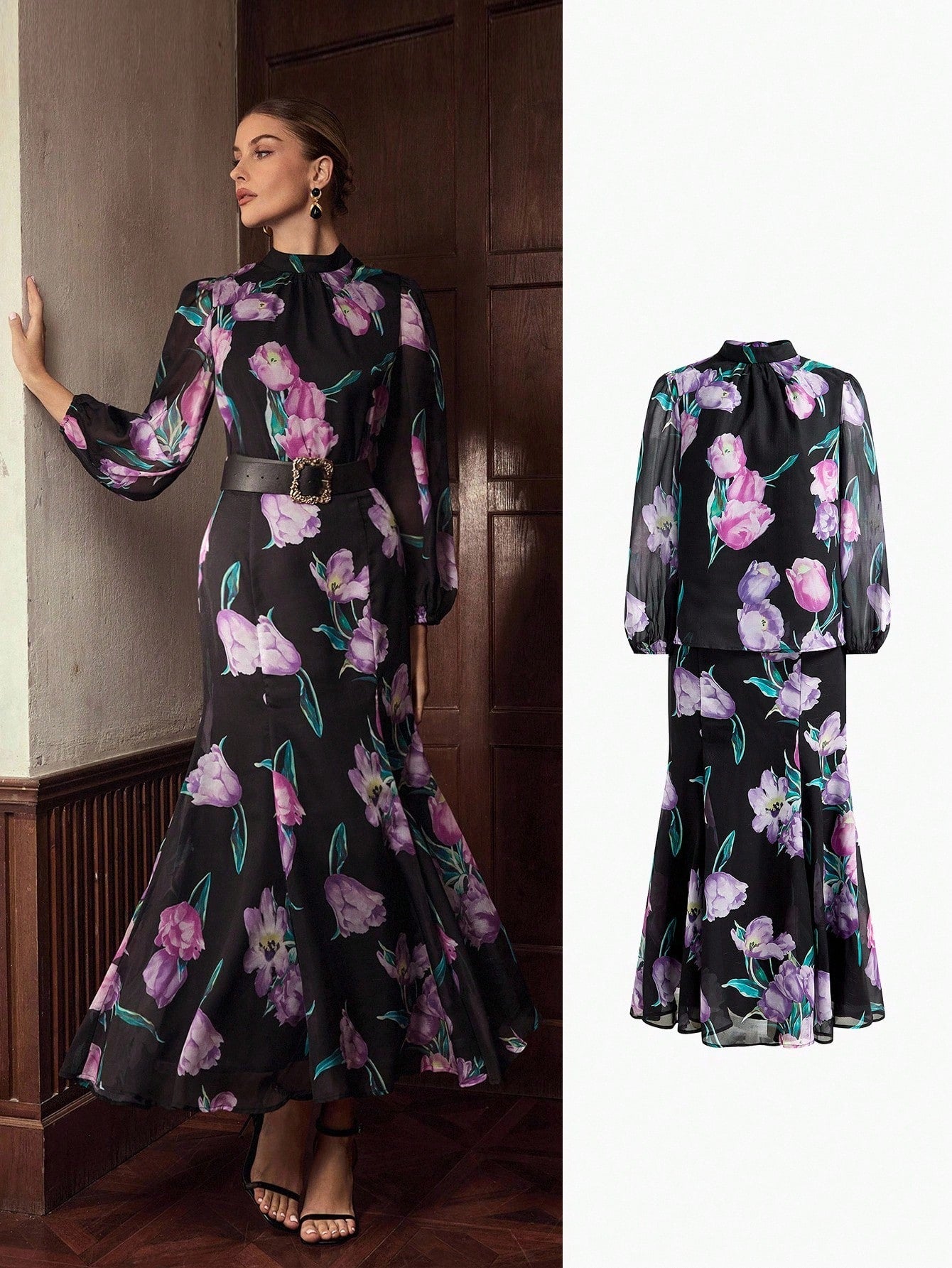 CM-SS088587 Women Elegant Seoul Style Floral Printed Long Sleeve Lace Up Blouse With Fishtail Maxi Skirt - Set