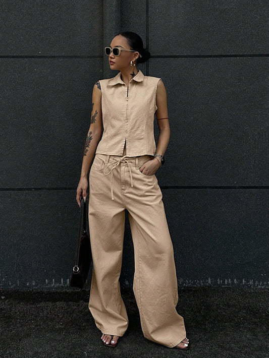 CM-SS810446 Women Casual Seoul Style Lapel Sleeveless Top With Drawstring Loose Fit Jeans - Set