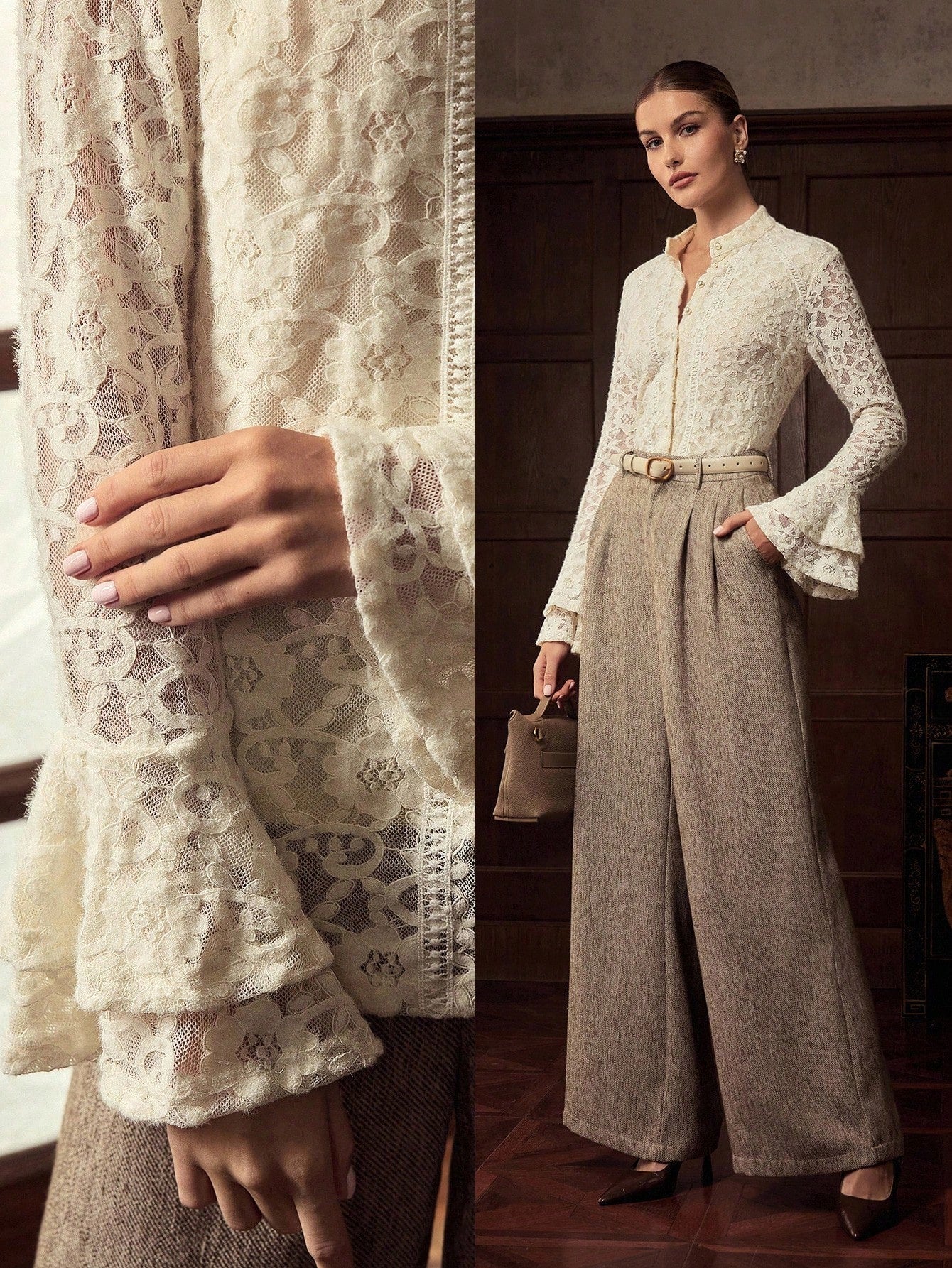 CM-TS067432 Women Elegant Seoul Style Lace Button Up Stand Collar Long Sleeve Blouse