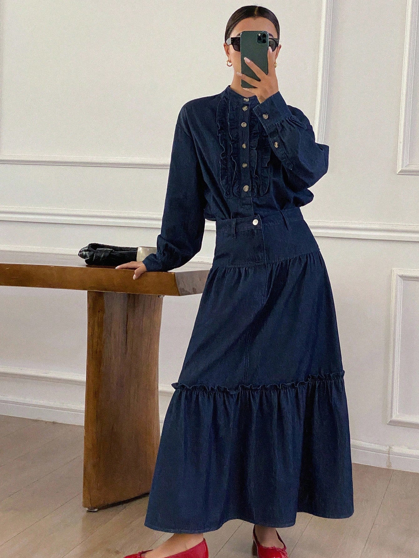 CM-SS019219 Women Casual Seoul Style Stand Collar Long Sleeve Ruffle Trim Top With Loose Maxi Denim Skirt - Set