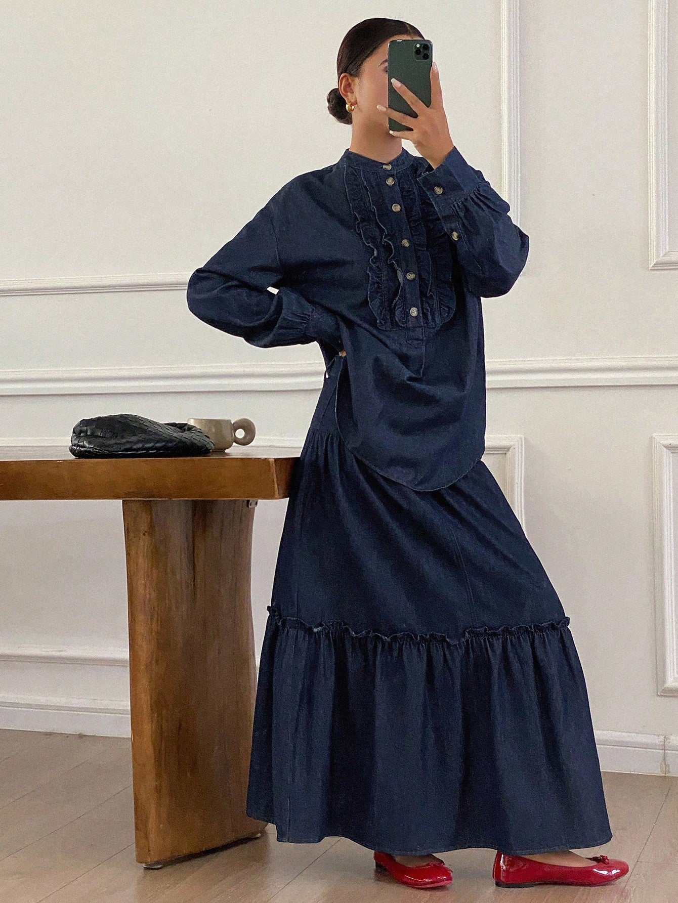 CM-SS019219 Women Casual Seoul Style Stand Collar Long Sleeve Ruffle Trim Top With Loose Maxi Denim Skirt - Set