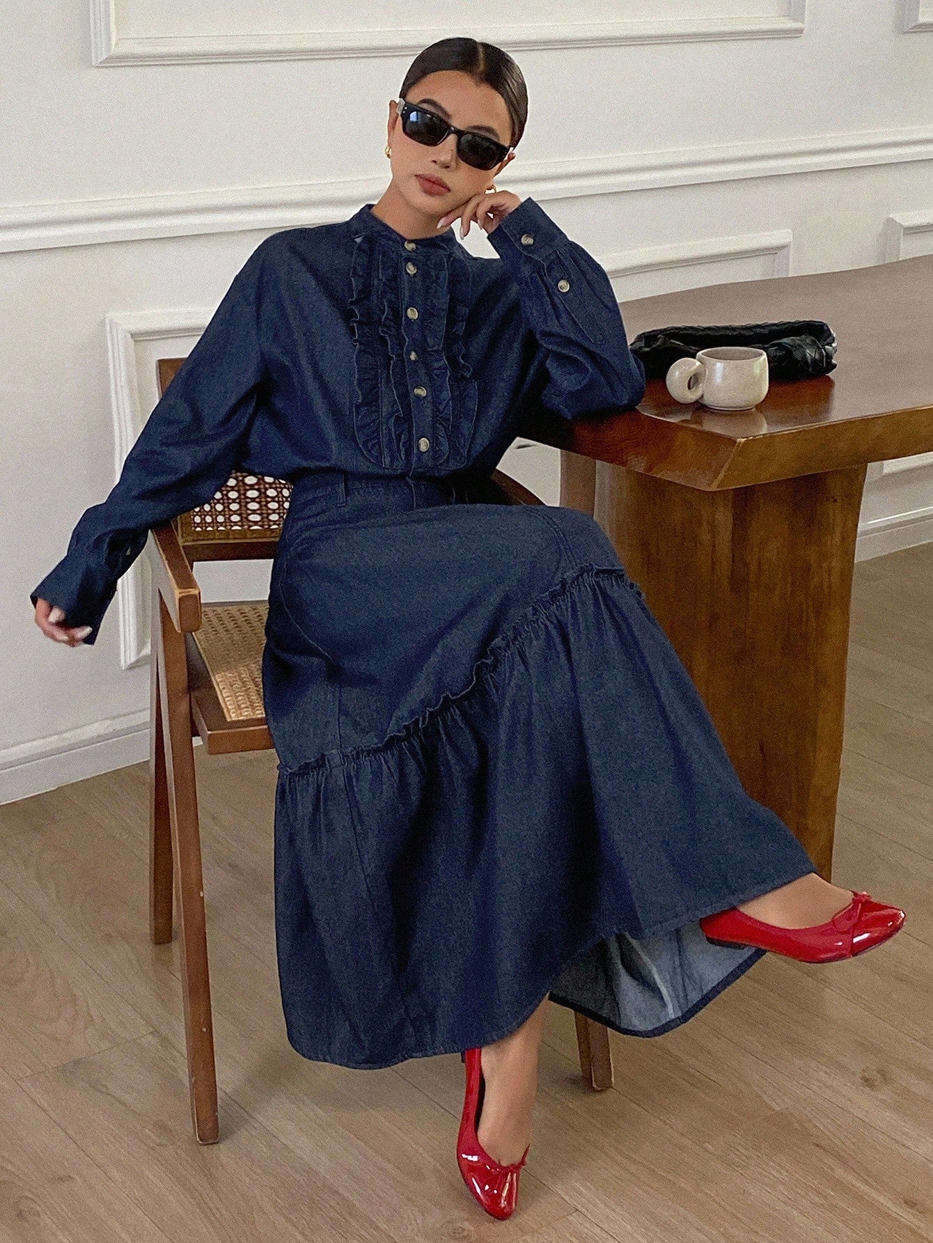 CM-SS019219 Women Casual Seoul Style Stand Collar Long Sleeve Ruffle Trim Top With Loose Maxi Denim Skirt - Set