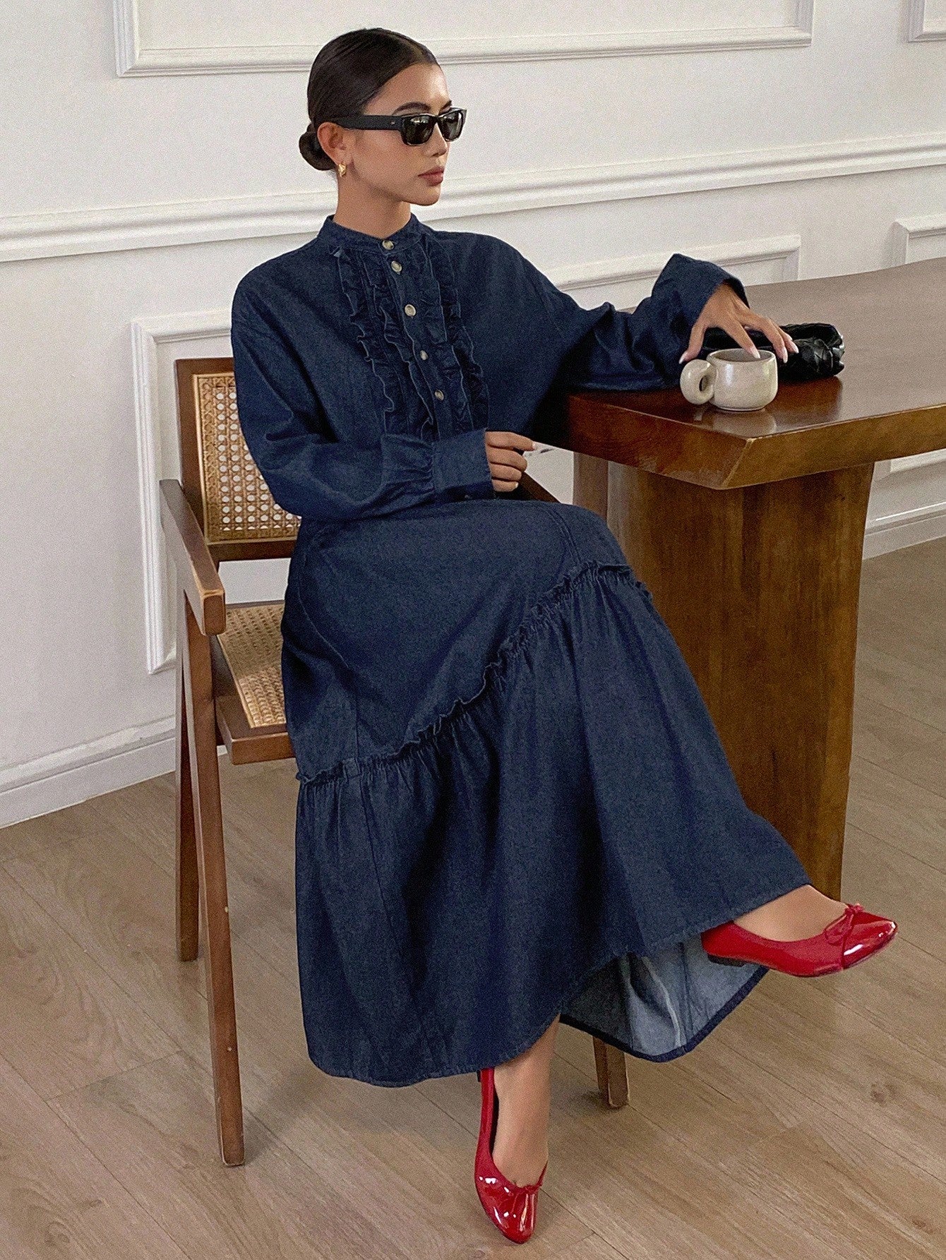 CM-SS019219 Women Casual Seoul Style Stand Collar Long Sleeve Ruffle Trim Top With Loose Maxi Denim Skirt - Set