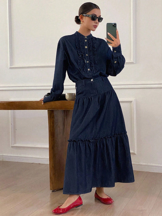 CM-SS019219 Women Casual Seoul Style Stand Collar Long Sleeve Ruffle Trim Top With Loose Maxi Denim Skirt - Set