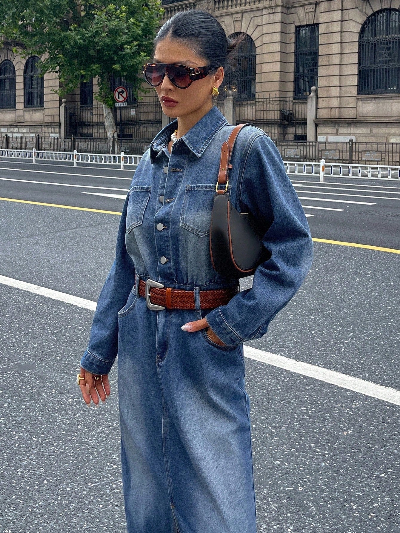CM-DS788846 Women Casual Seoul Style High-Waisted Front Slit Long Straight Washed Denim Dress