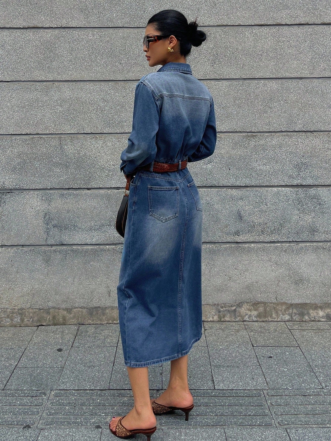 CM-DS788846 Women Casual Seoul Style High-Waisted Front Slit Long Straight Washed Denim Dress