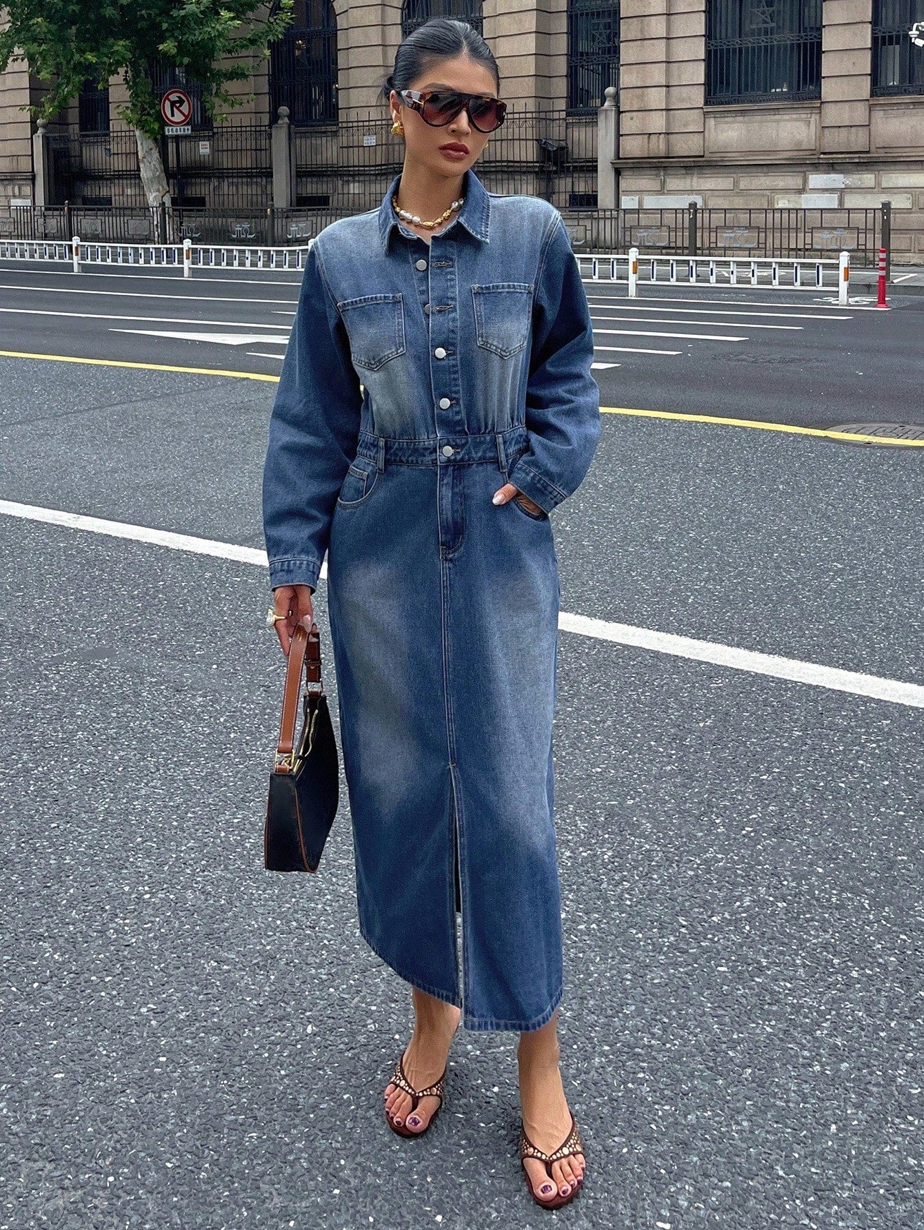 CM-DS788846 Women Casual Seoul Style High-Waisted Front Slit Long Straight Washed Denim Dress