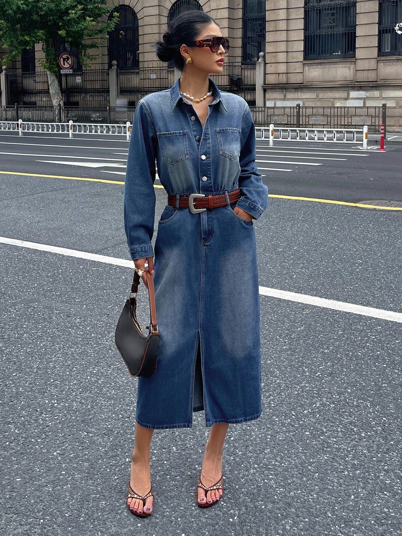 CM-DS788846 Women Casual Seoul Style High-Waisted Front Slit Long Straight Washed Denim Dress