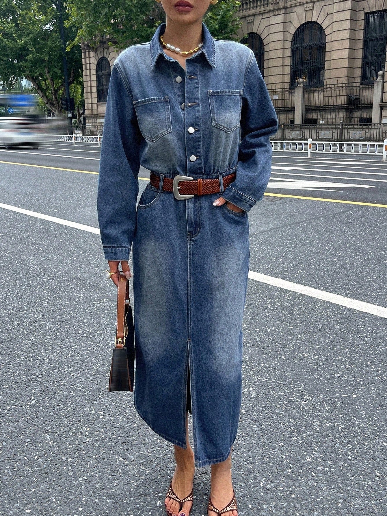 CM-DS788846 Women Casual Seoul Style High-Waisted Front Slit Long Straight Washed Denim Dress