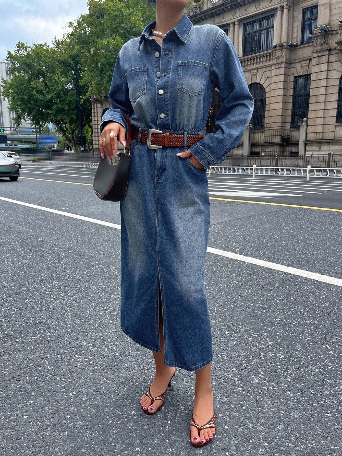 CM-DS788846 Women Casual Seoul Style High-Waisted Front Slit Long Straight Washed Denim Dress