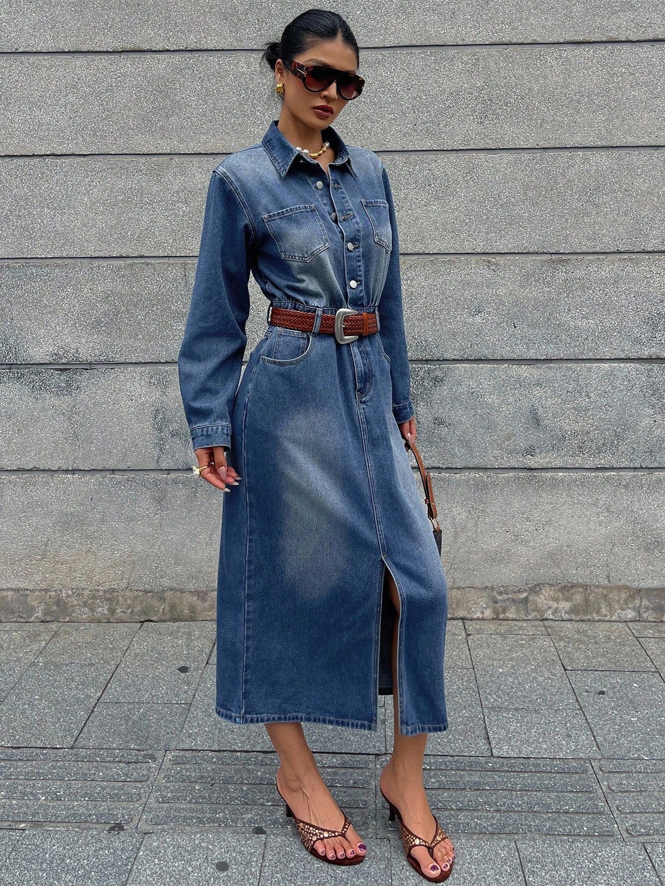 CM-DS788846 Women Casual Seoul Style High-Waisted Front Slit Long Straight Washed Denim Dress